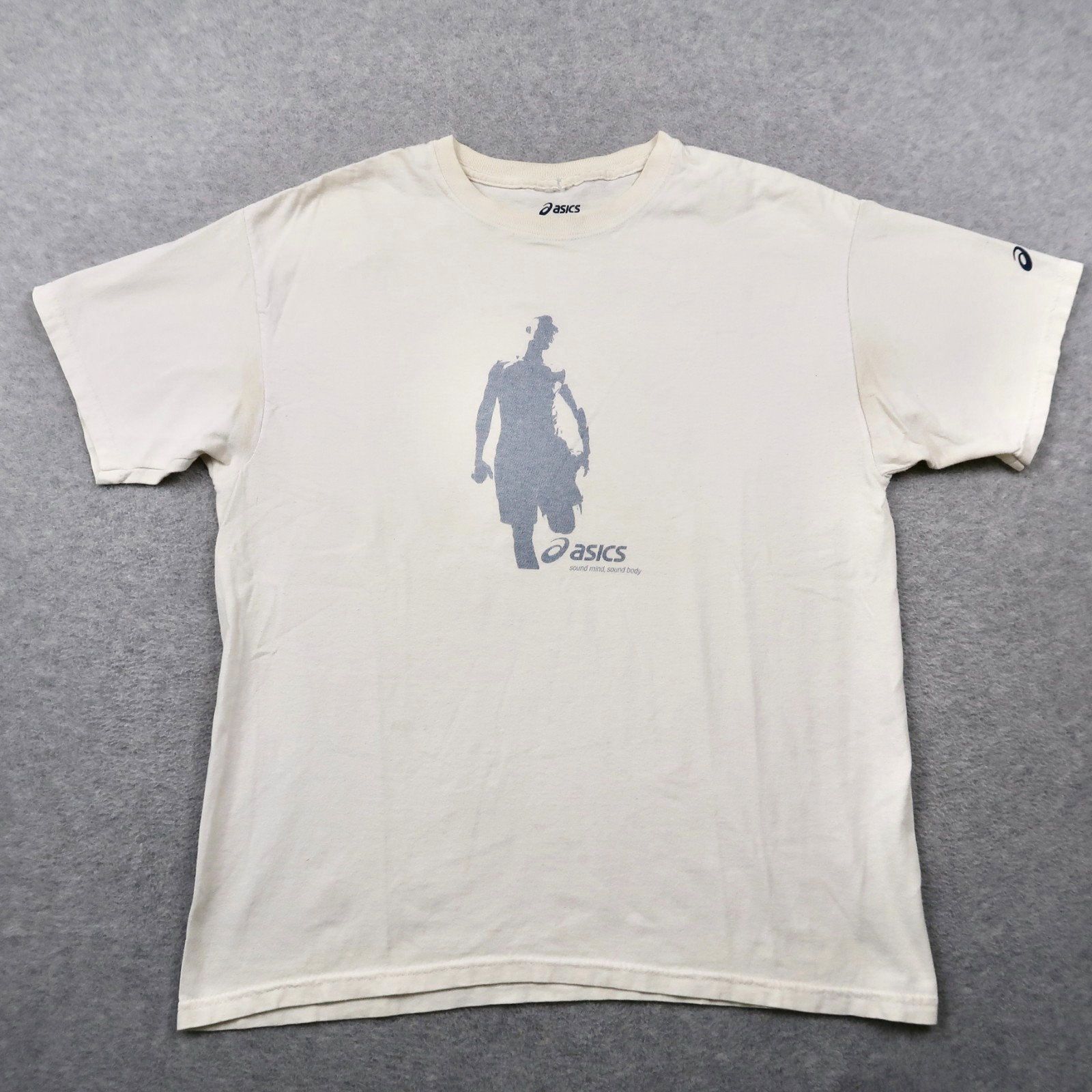 Vintage Y2K ASICS T Shirt L White Short Sleeve Sound Mind Sound Body Graphic