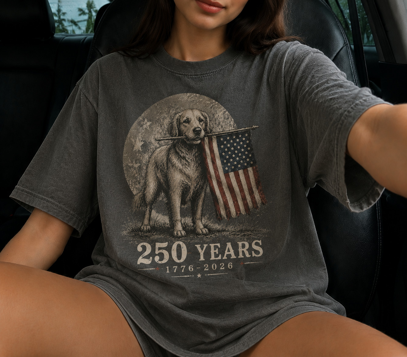 USA 250th Anniversary Dog and Flag Graphic Tee, 1776–2026 Vintage