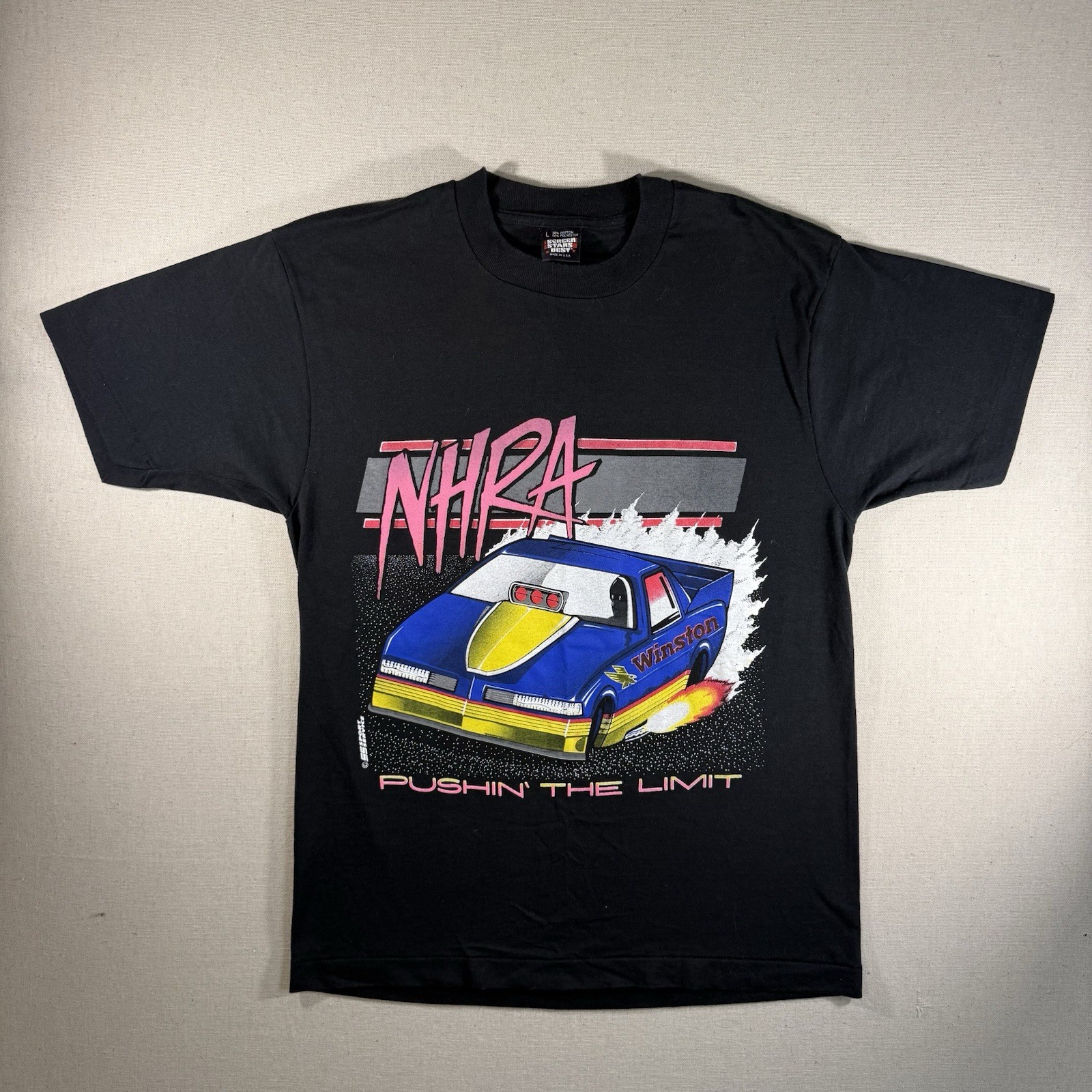Screen Stars Best Vintage Racing Black T Shirt Size L Y2K 2000s