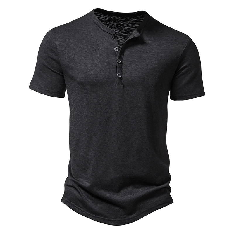 Men Summer Fashion Hip Hop Streetwear T-Shirts Henry Collar Solid Color Cotton T