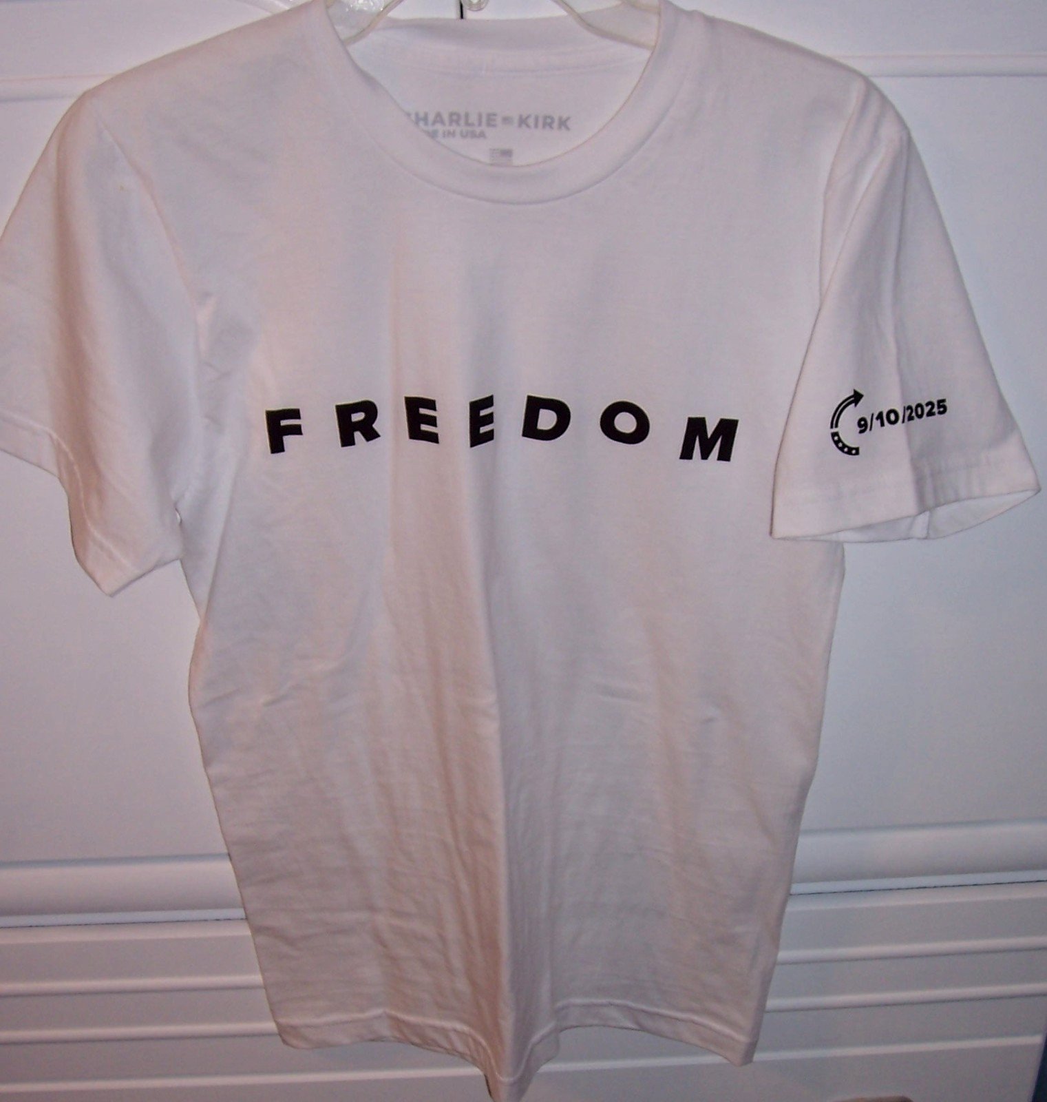 UNISEX SMALL FREEDOM Charlie Kirk White T Shirt, Print On Back and Sleeve NEW