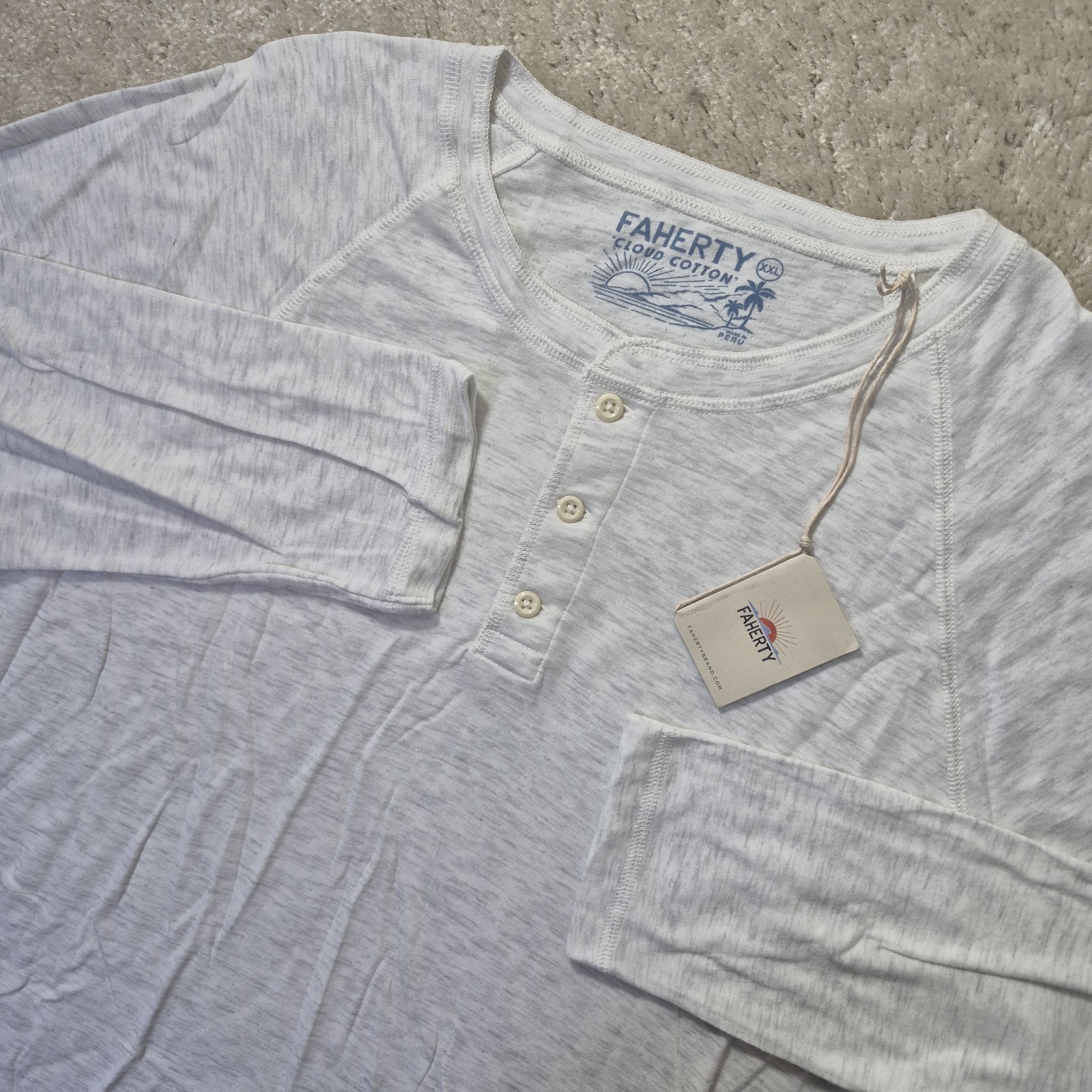 Faherty Cloud Cotton Henley Shirt Mens 2XL Beige Stretch Preppy Minimalist New