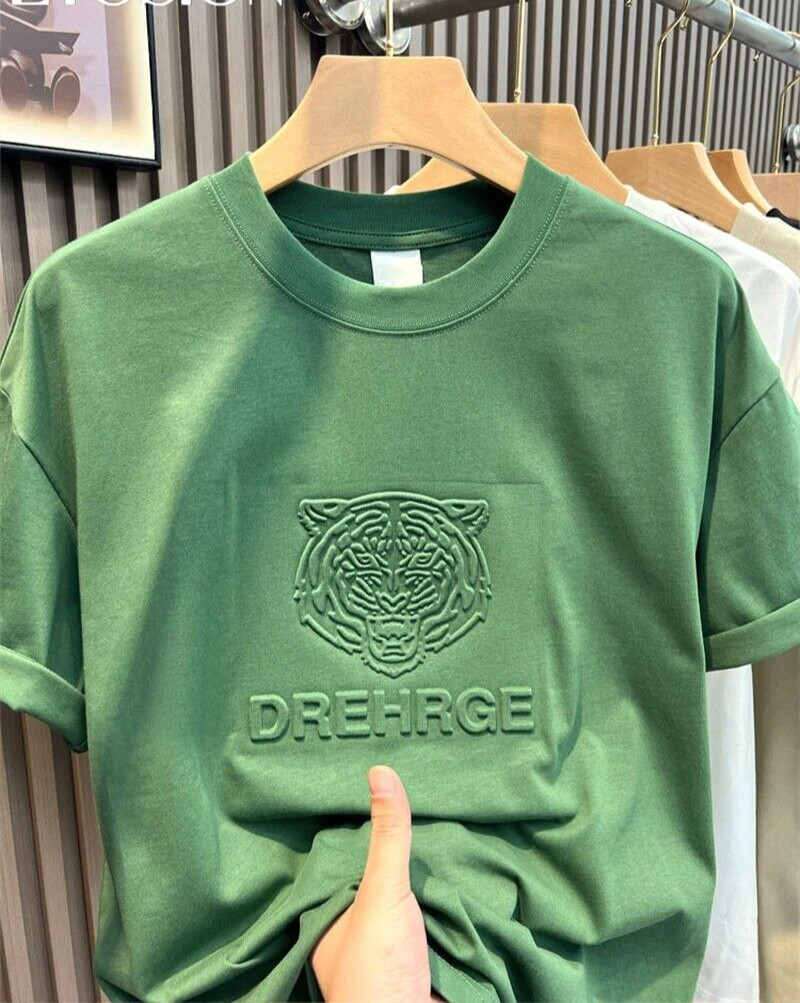New Men Fashion Trend Tiger Embroidery Summer Short Sleeve Luxury Cotton T-Shirt