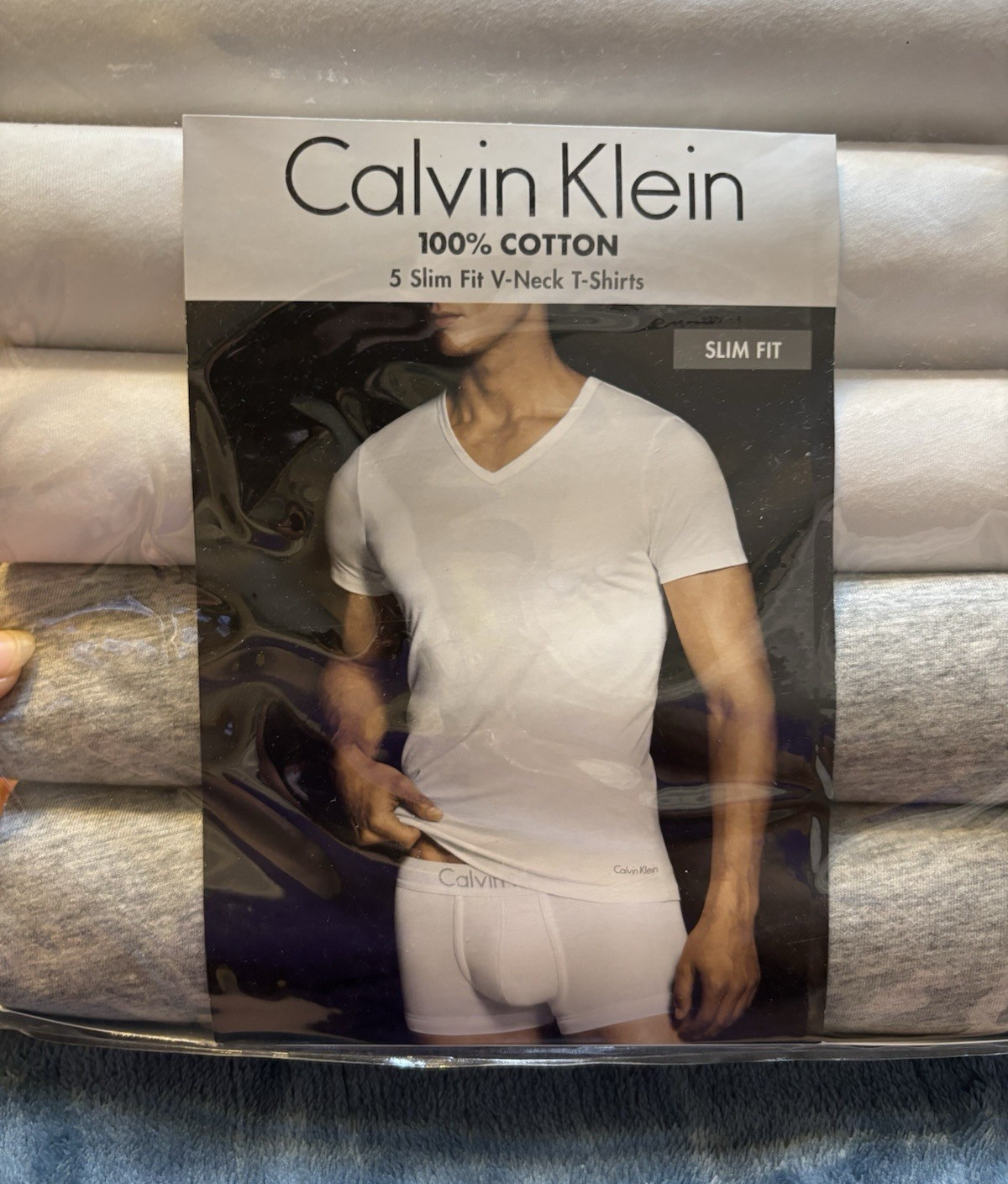 Calvin Klein Men&rsquo;s 5-Pack Slim Fit V-Neck Cotton Knit T-Shirts Gray S