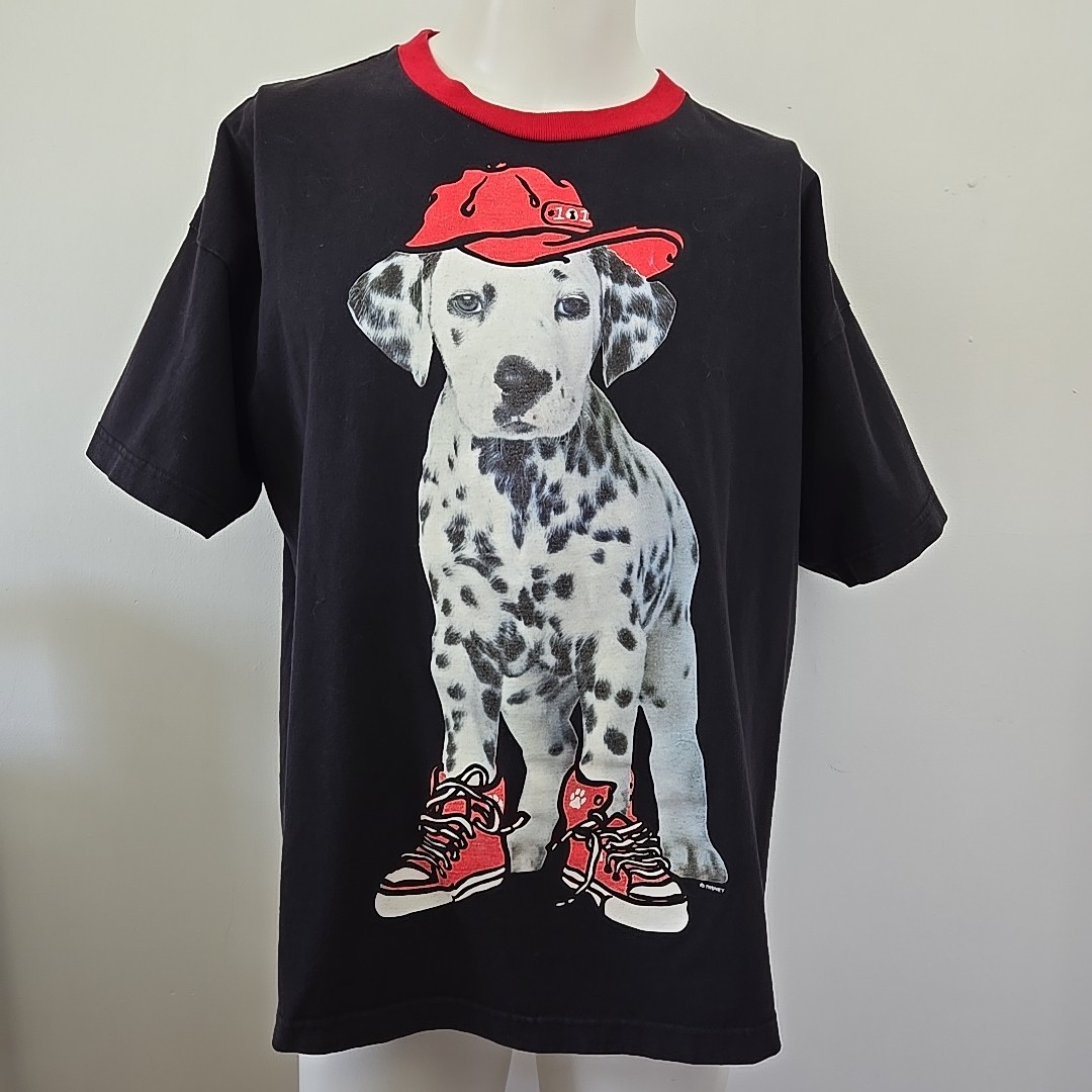 VTG 90s Ringer T Shirt Disney 101 Dalmatians Adult XL Dog Sneakers Fireman Hat
