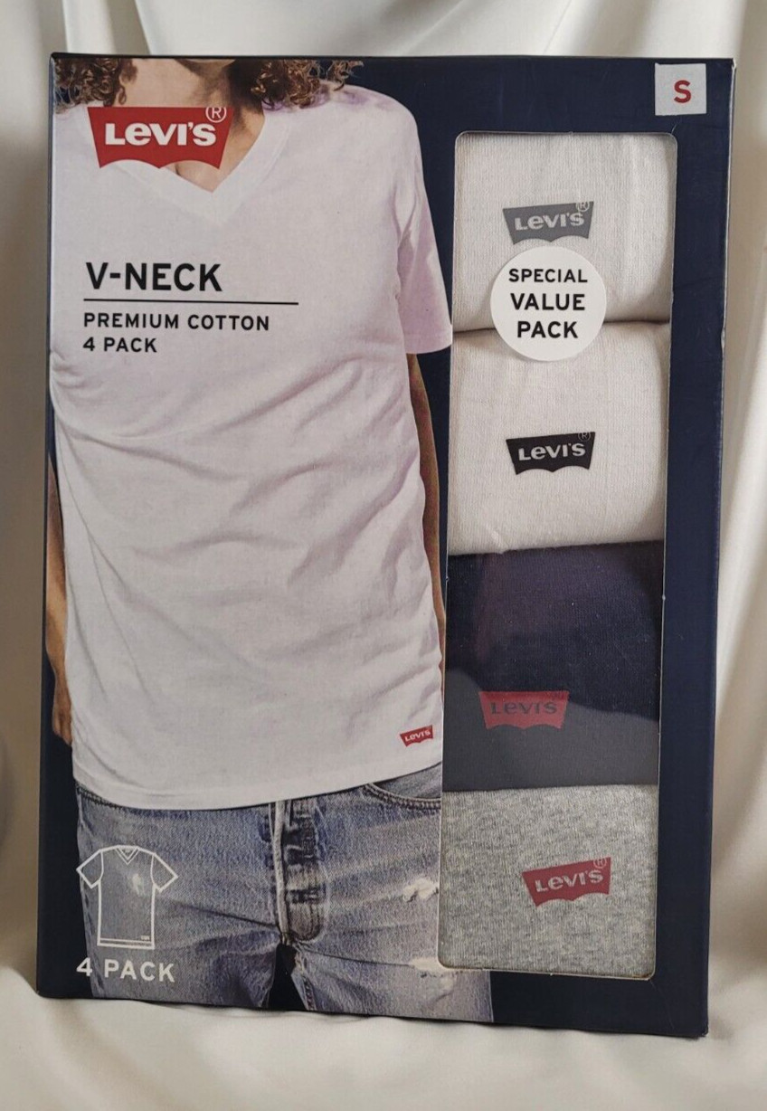 Levi&rsquo;s 4 Pk V-Neck T-Shirts S White Navy Gray Premium Cotton Levis FREE SHIPPING