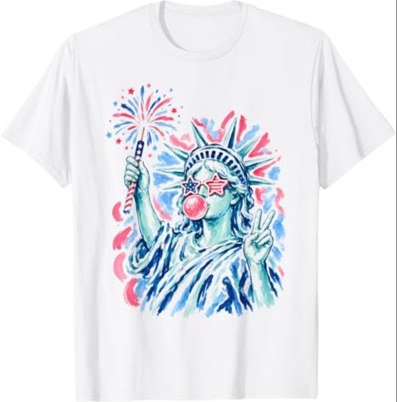 Statue of Liberty Blowing Bubble Women Patriotic 4th of July T-Shirt