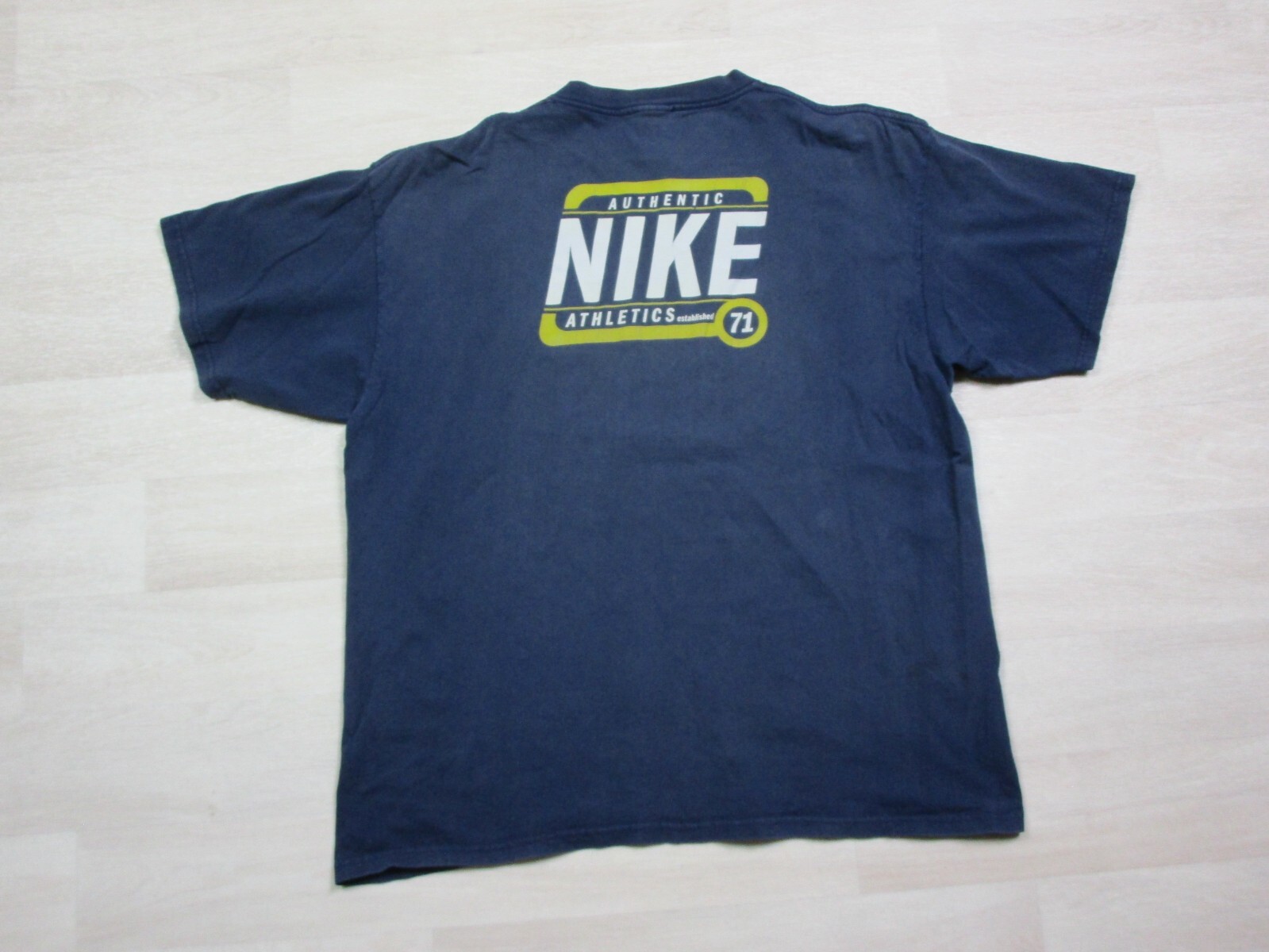 VTG 90s Nike T-Shirt Mens (L/XL) Athletics 71&prime; Spellout Logo Distressed Y2K Blue