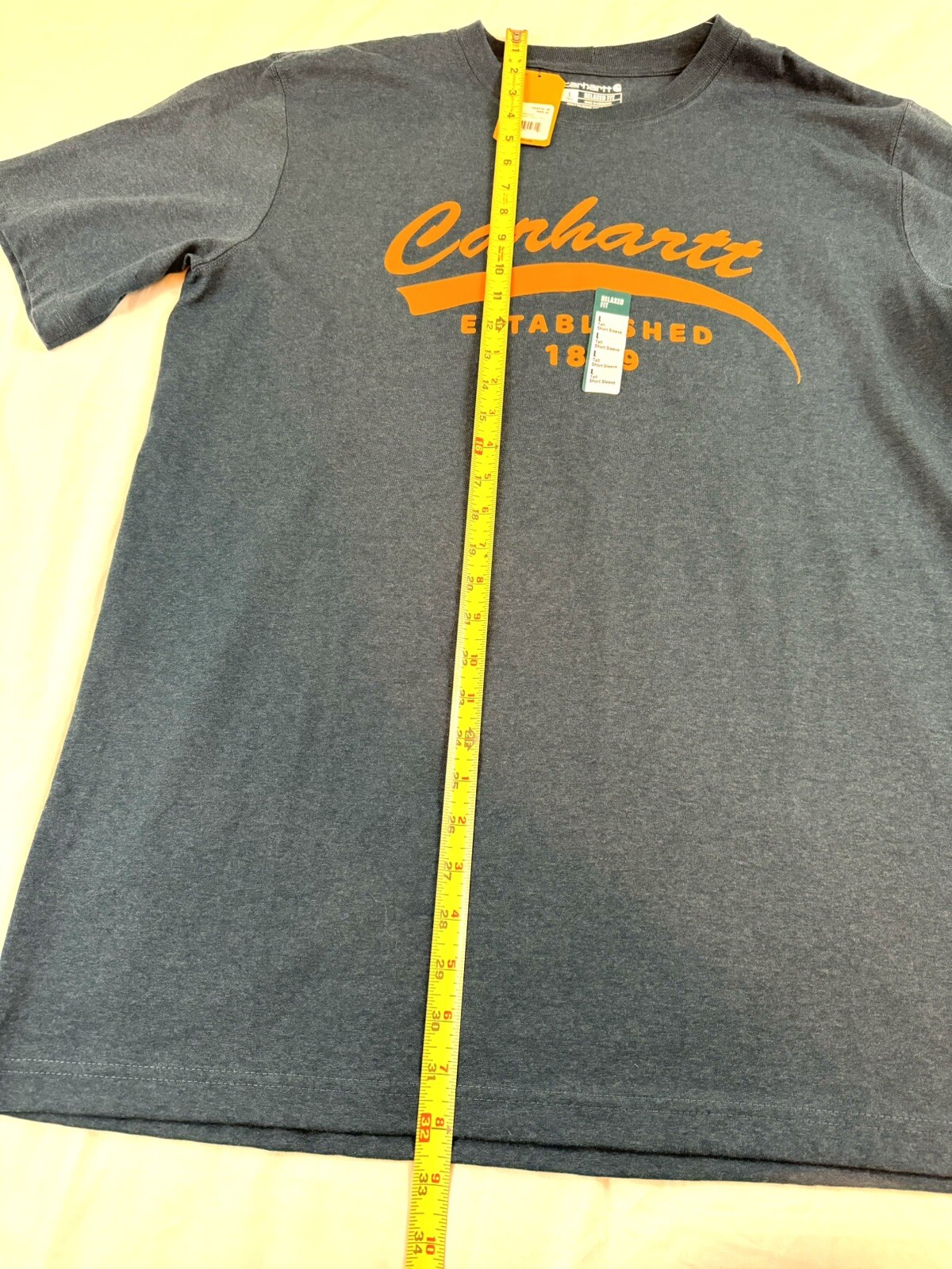Carhartt Men’s Tshirt Short Sleeve Navy Heather Gold Script Logo Size Large Tall