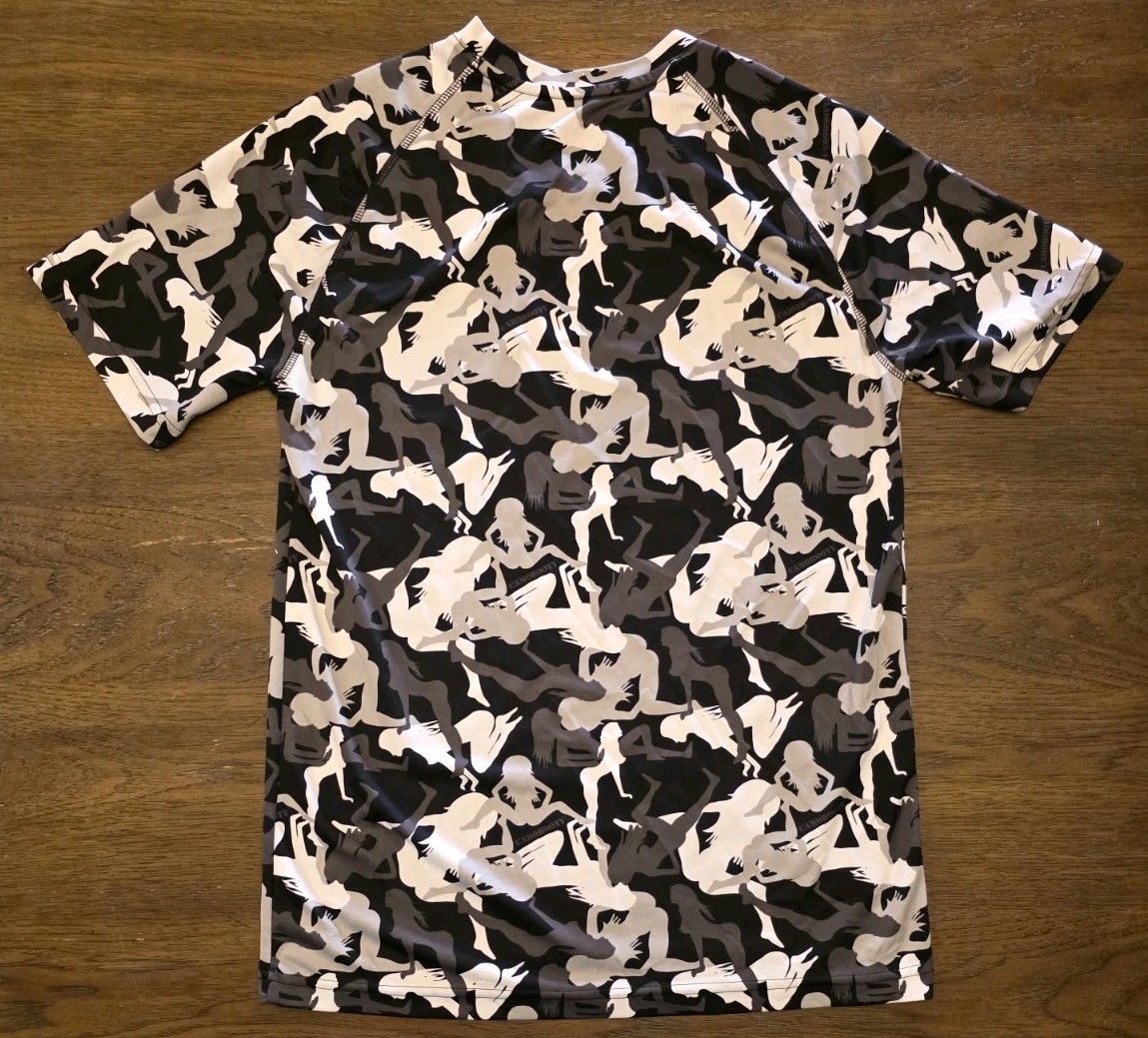 CamoBooty Medium Vintage Y2K Camouflage AOP T Shirt Grey/Black/White Funny Party
