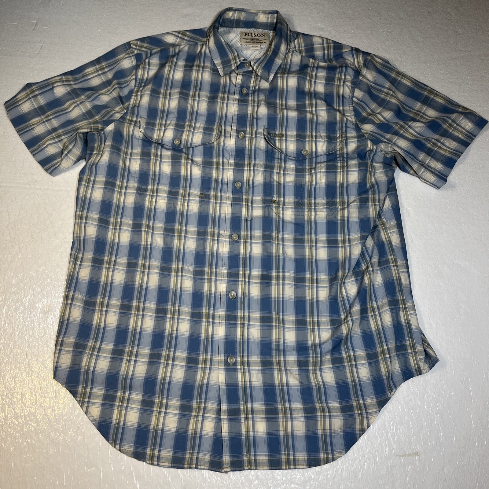 Mens FILSON Blue Plaid Short Sleeve Vented Button Shirt Large