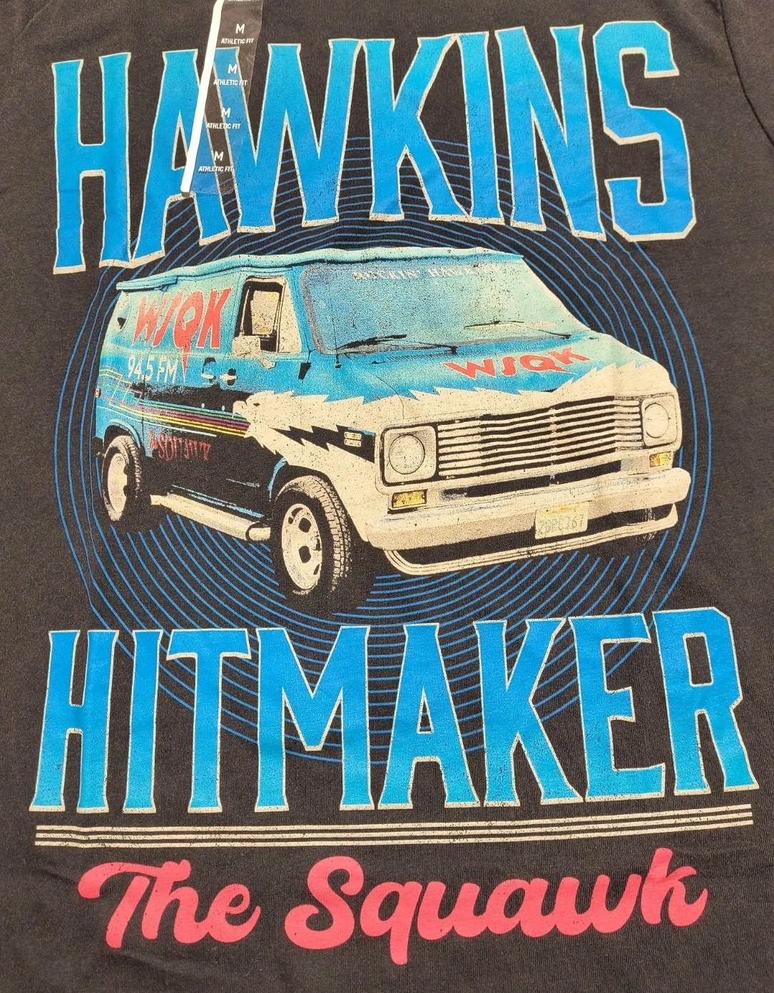 Men&rsquo;s Netflix Stranger Things Black T-shirt, Hawkins Hitmaker The Squawk, Sz M