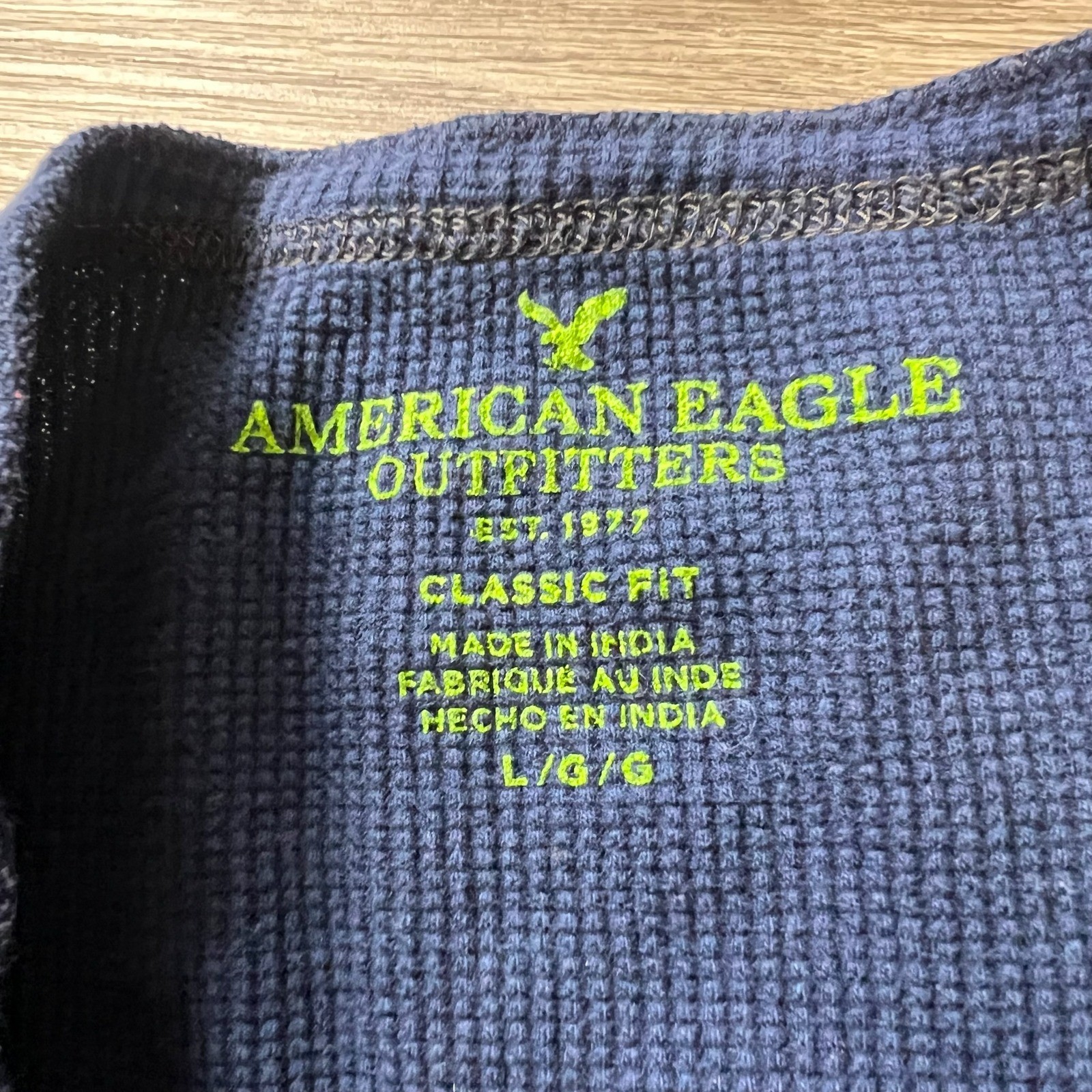 American Eagle Henley Mens Large Blue Waffle Knit Long Sleeve Thermal Shirt