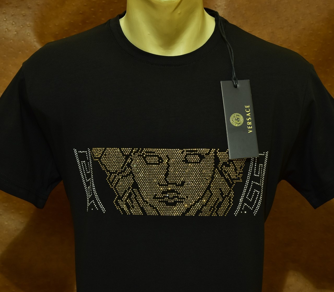 Men’s Versace Medusa Style Rhinestone T-Shirt Rust Luxury Designer US Size L