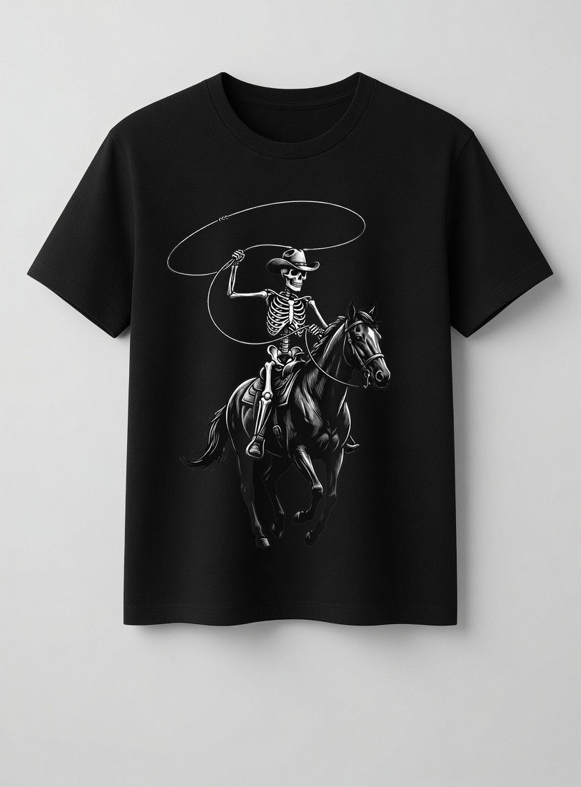 Men Women Rodeo Cowboy Skeleton Dark Western Horse Vintage Art Graphic T-Shirt