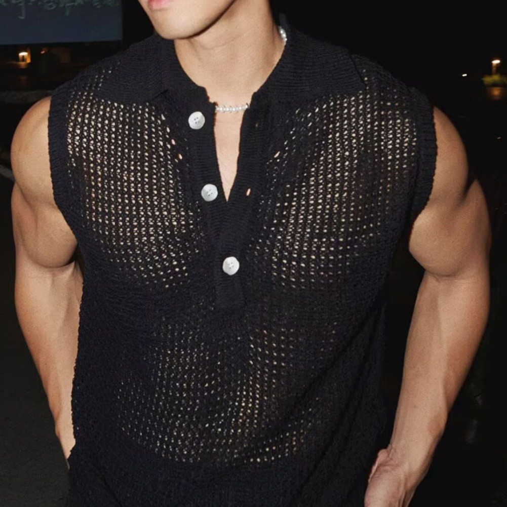 Mens Summer Top Gym Workout Men Knitted Tank Knitted Fabric Hollow Design