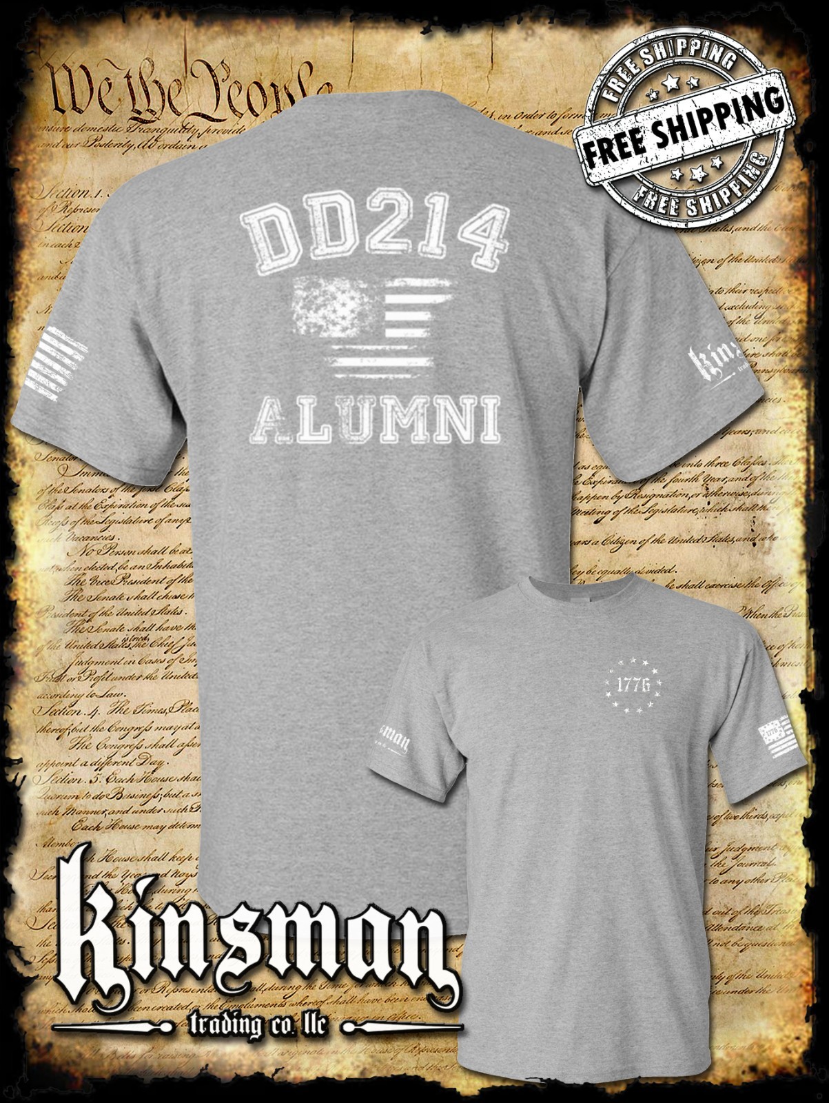 DD214 Alumni Flag US Military 2-Sided T-Shirt Army Marines Navy Veteran USA