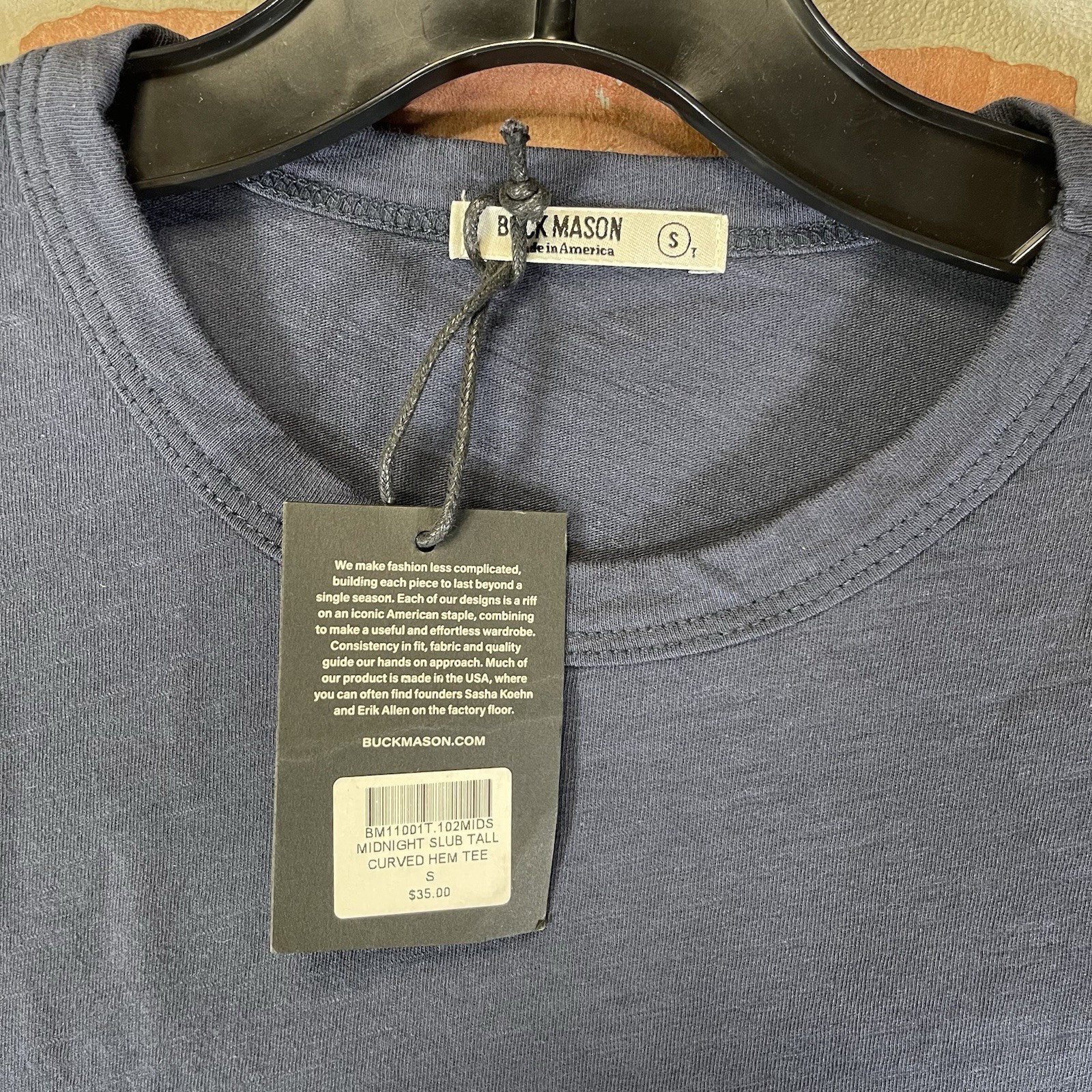Buck Mason Slub Short Sleeve Curved Hem T Shirt Small (Tall) Midnight Navy NWT