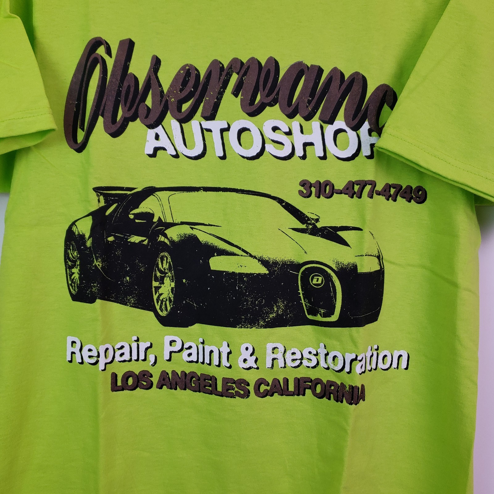 Unbranded Mens Sz S Lime Green Short Sleeve Graphic Observance Autoshop T-Shirt