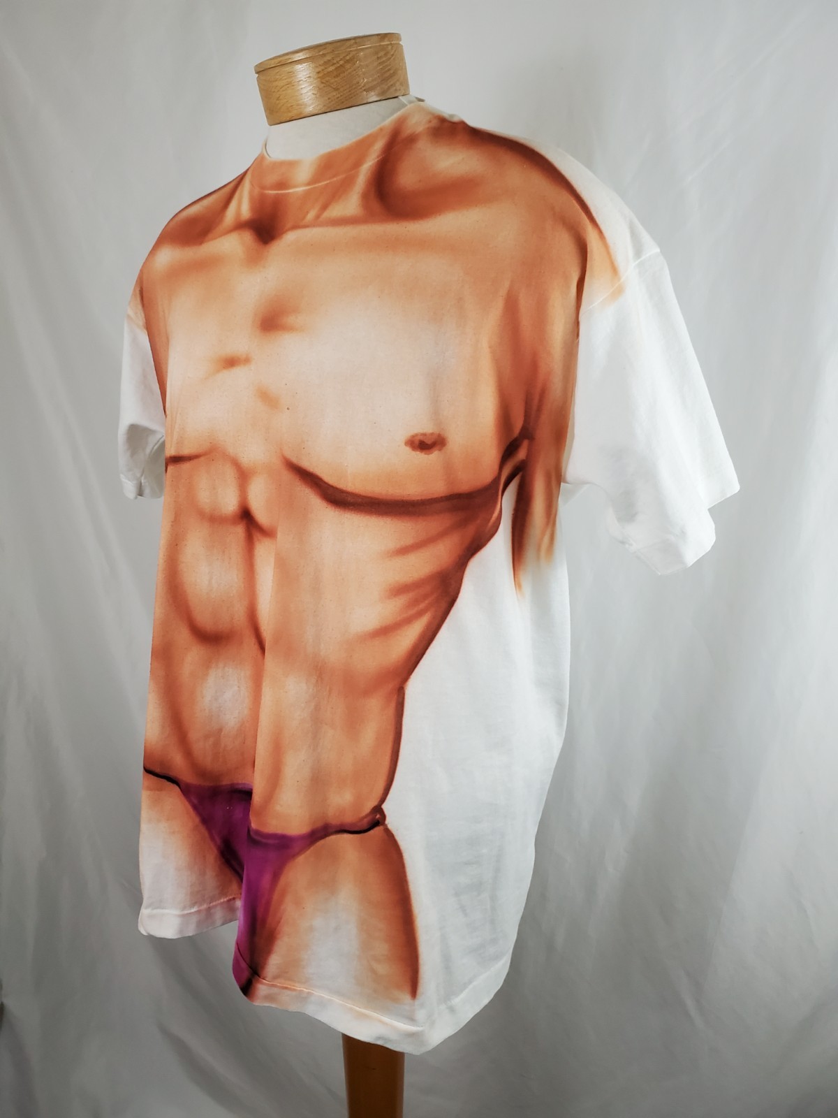 Vintage Fake Six Pack Male Torso T-Shirt XXL White Cotton Poly Single Stitch USA