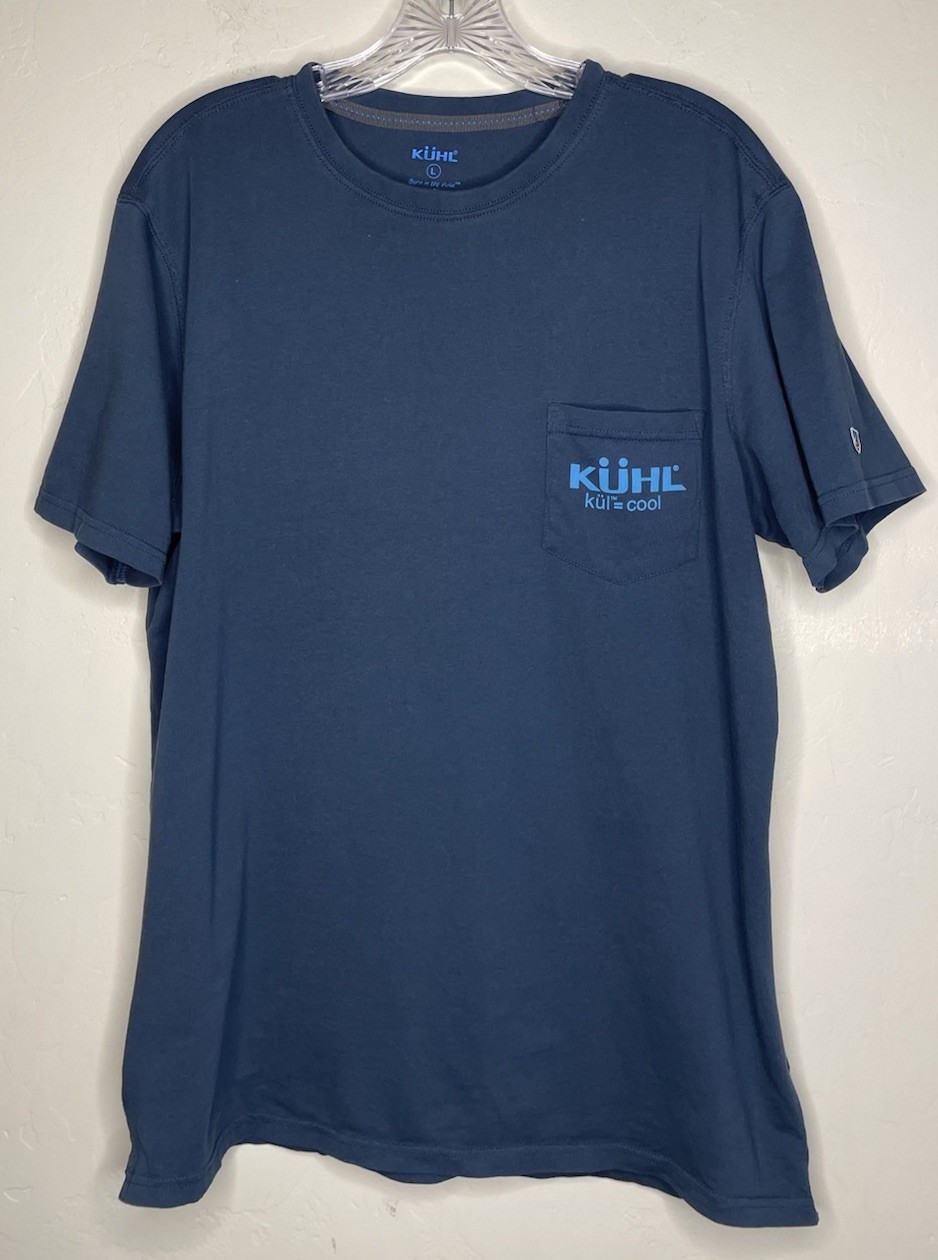 KUHL Wildfibre Shirt Graphic Logo Tee Men’s Large Blue Cotton Hiking Gorpcore
