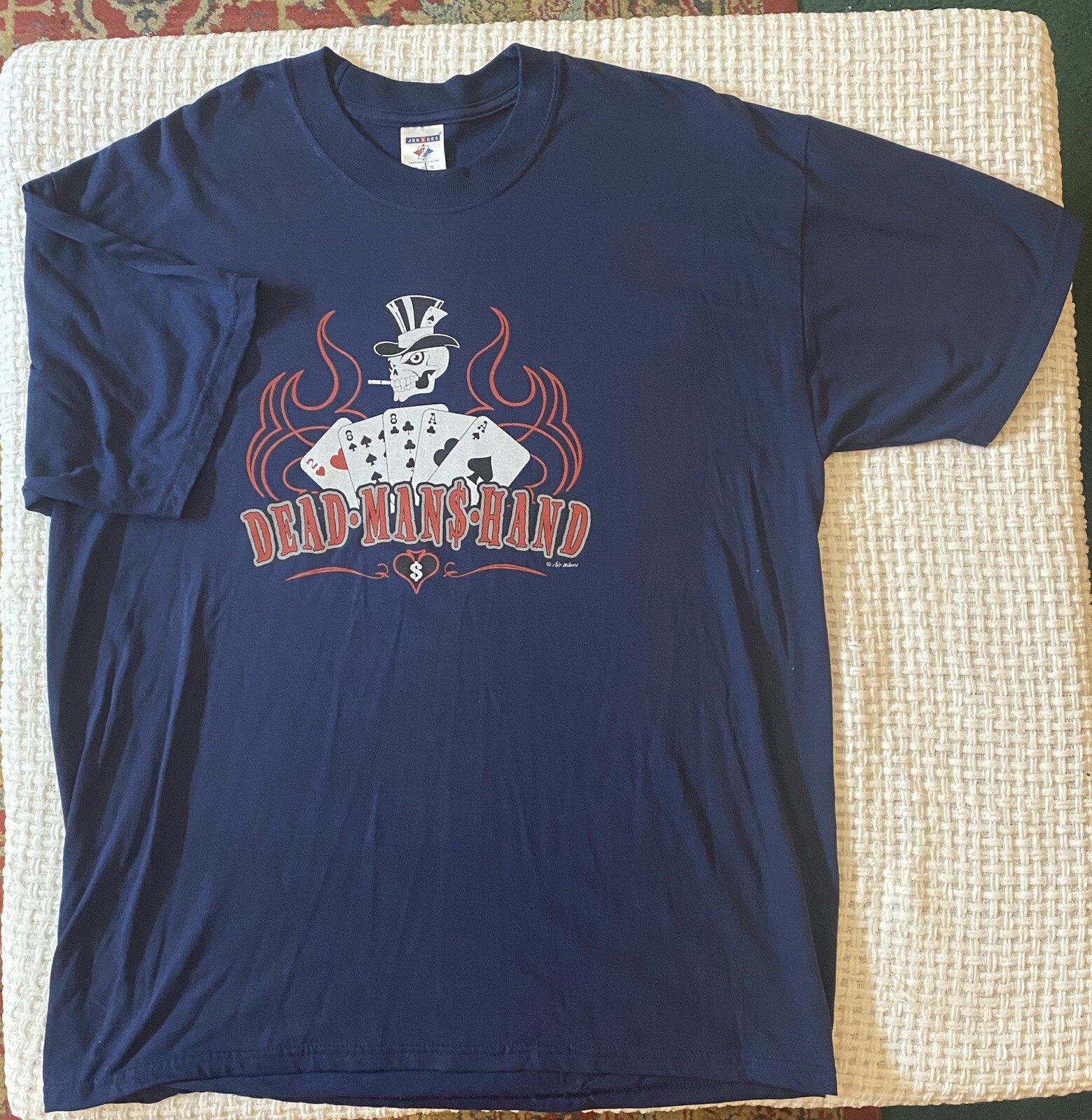 VTG Y2K Dead Man&rsquo;s Hand Poker Cards Biker T-Shirt Size XL Navy Blue Skull Tophat