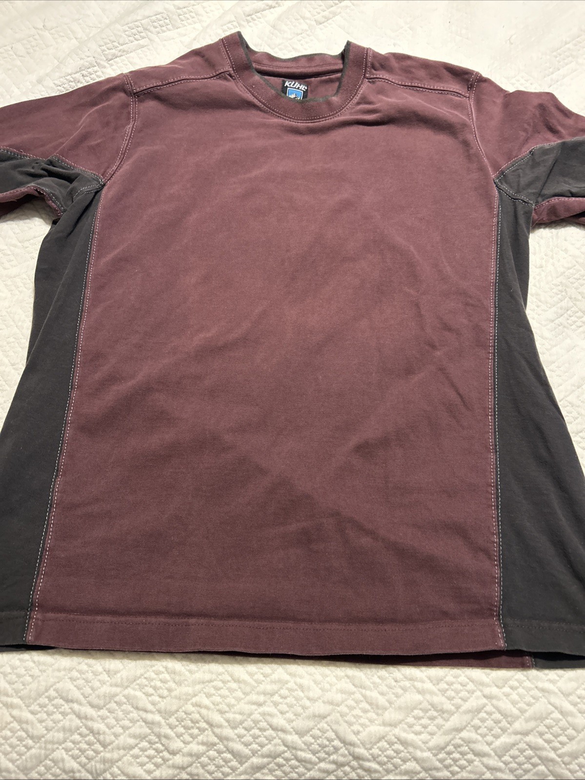 KUHL Shirt Mens Large Burgundy Red Gray Long Sleeve Organic Cotton Crewneck Tee