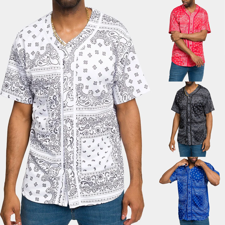 Men&rsquo;s Classic Button Down Bandana Paisley Baseball Jersey Tee Shirt BJ47EY S~5X