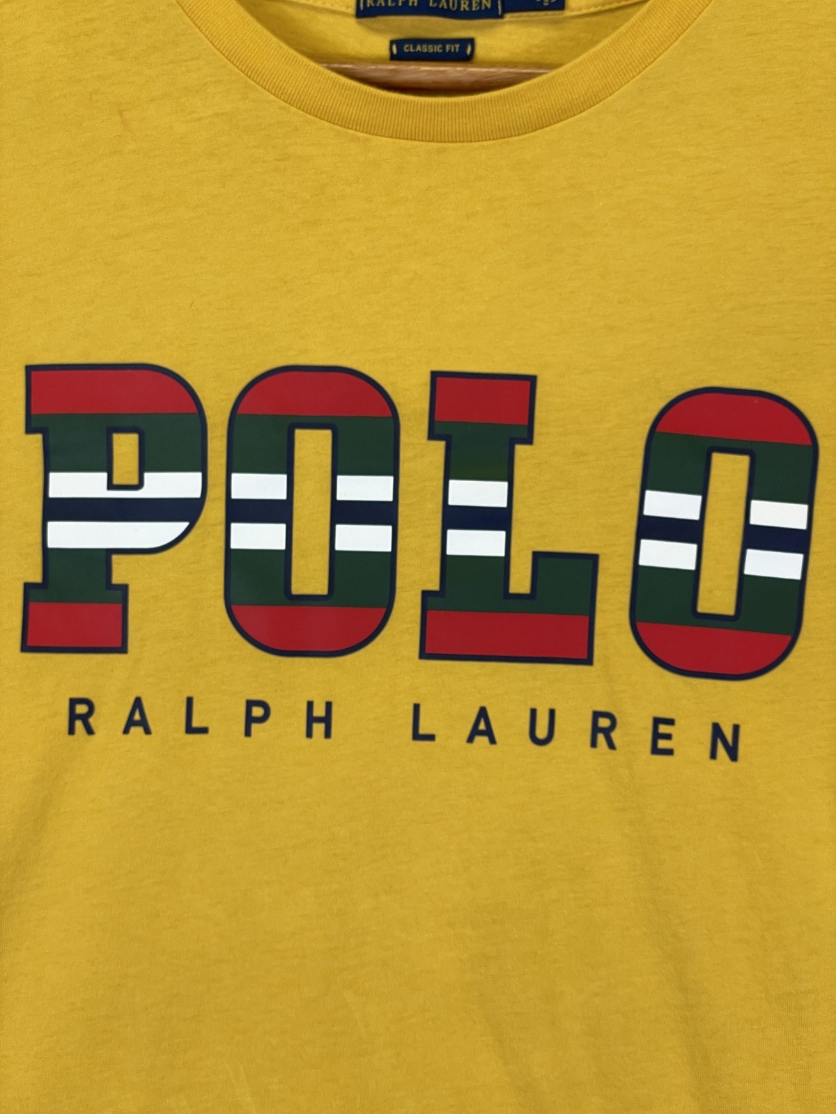 Polo Ralph Lauren Men&rsquo;s T-Shirt Medium Yellow Spellout Logo Pony