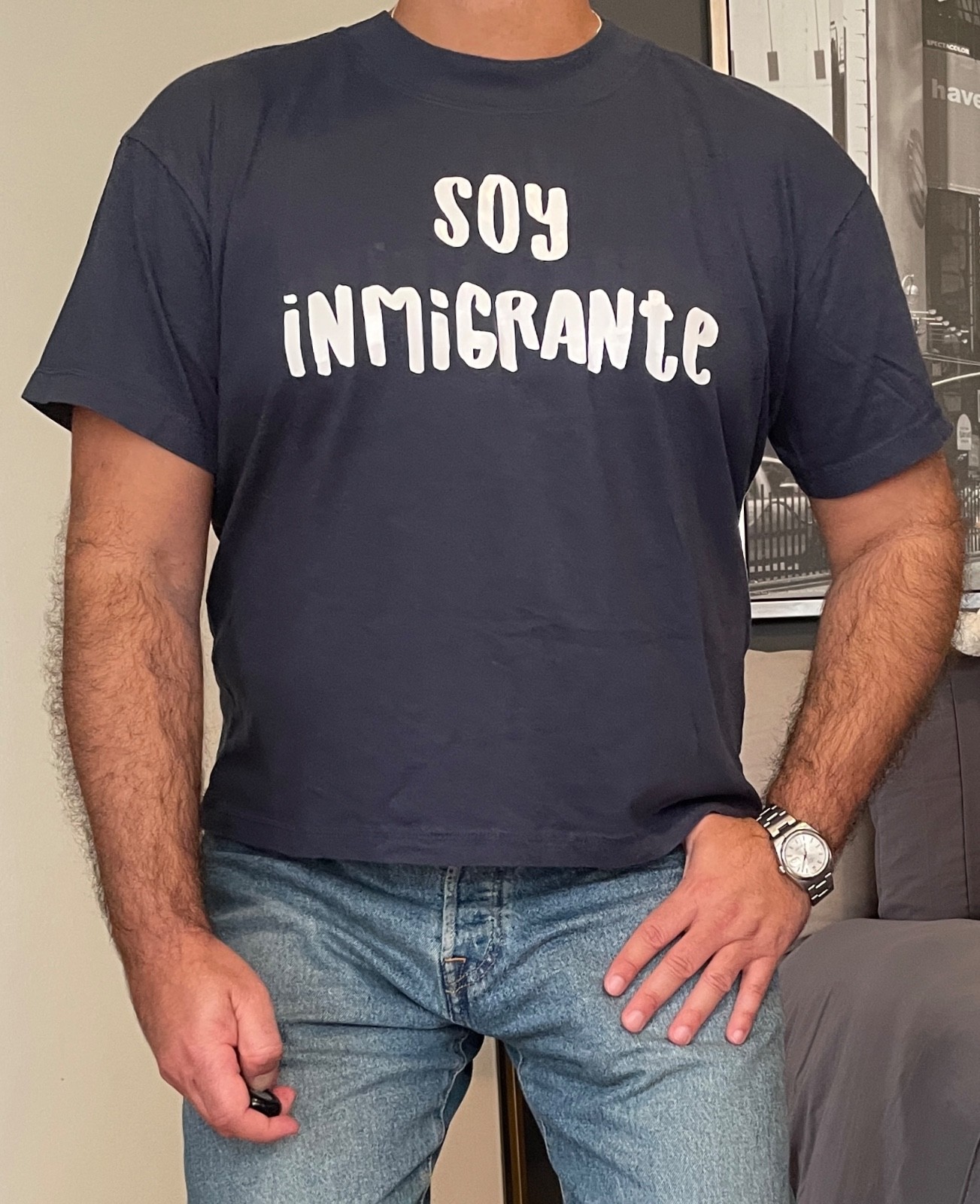LAT Navy Blue Size L « Soy Inmigrante » Cropped Crewneck Short Sleeve T-Shirt