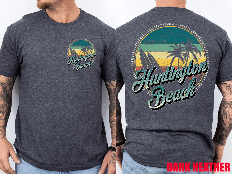 2 Sided Huntington Beach Surf City California Vintage Badge T-Shirt