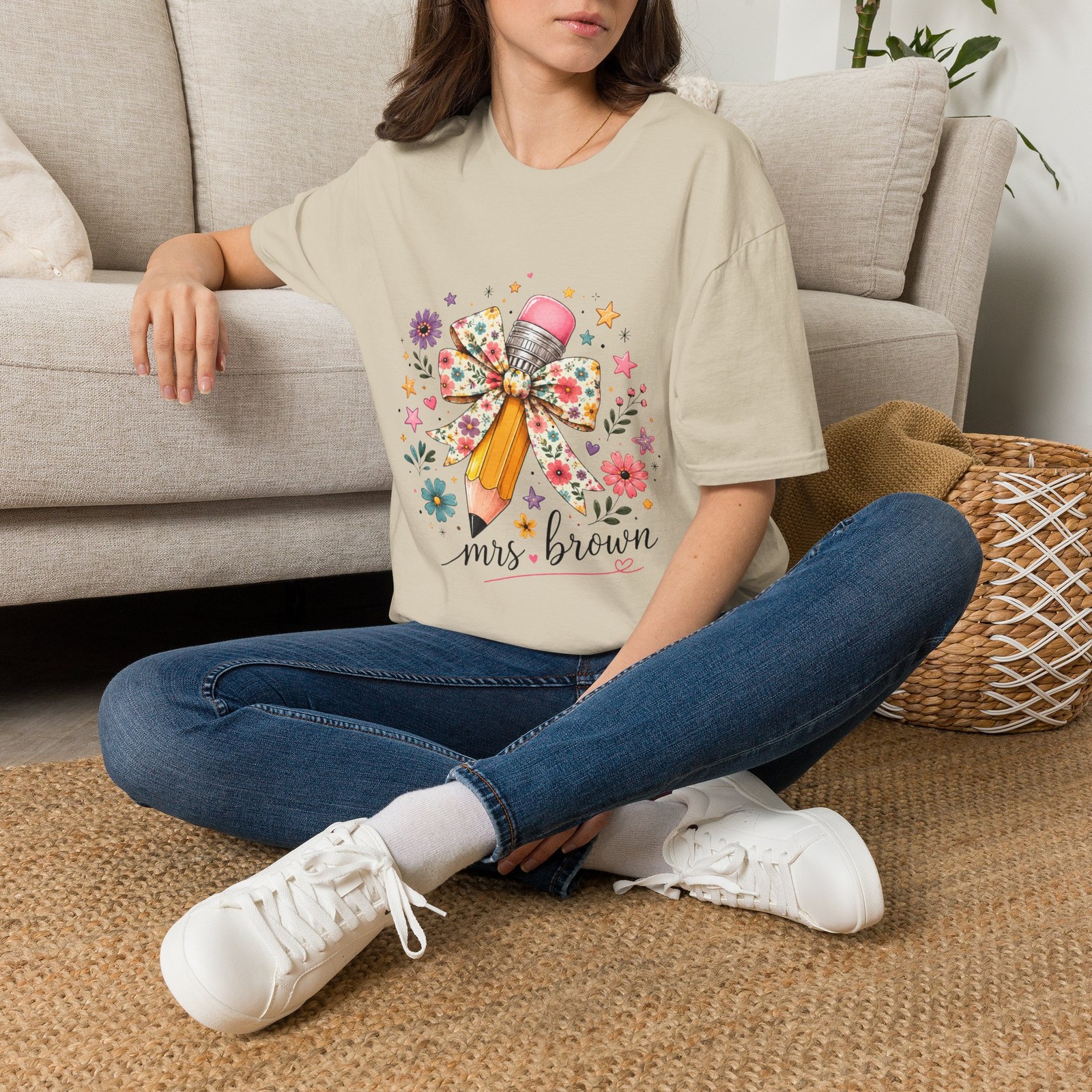 Floral Pencil Bow T-Shirt | Teacher Name Tee