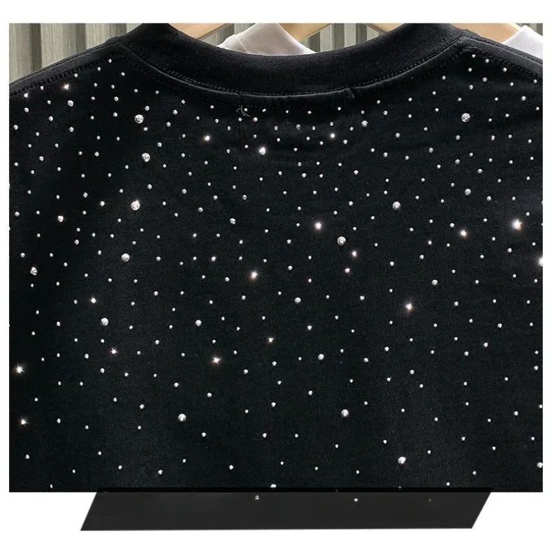 New Men Women Luxury Diamond Rhinestones Black White T-Shirt High Quality