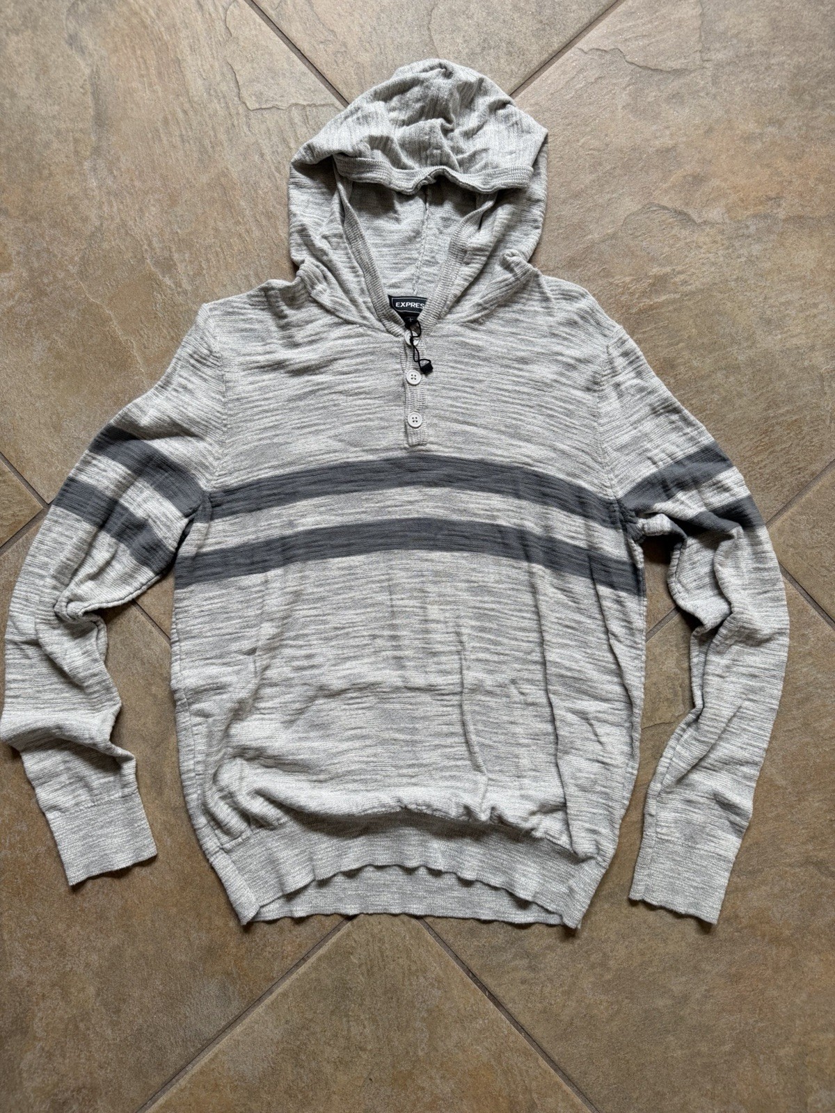 Express Marled Gray and Dark Gray Striped Knitted Button Hoodie Sweater Large