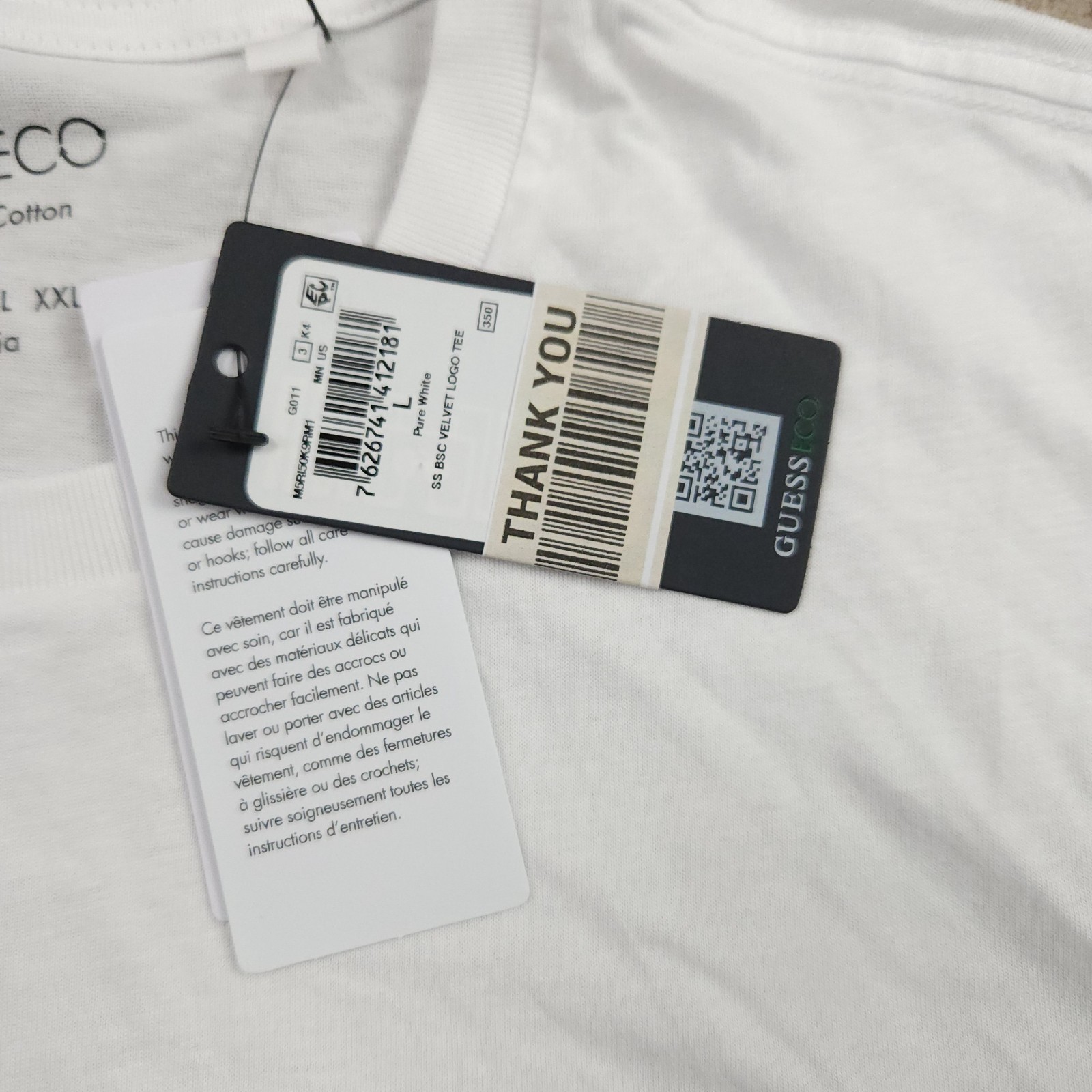 Guess Eco Men White Crewneck Embroidered Velvet Logo Tee Size Large