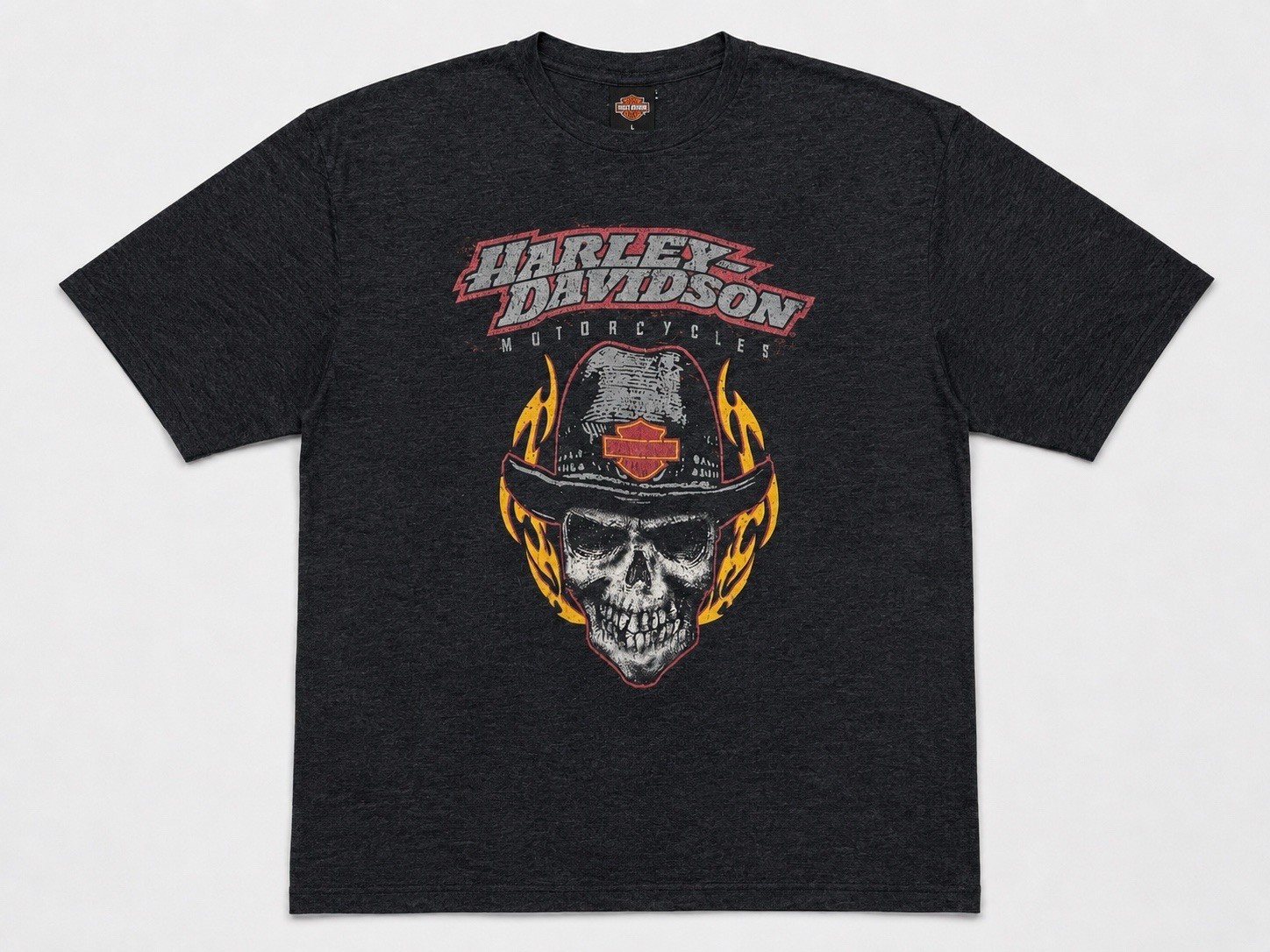 Harley Davidson T-Shirt Cowboy Skull Flames Men&rsquo;s Large Biker Illinois