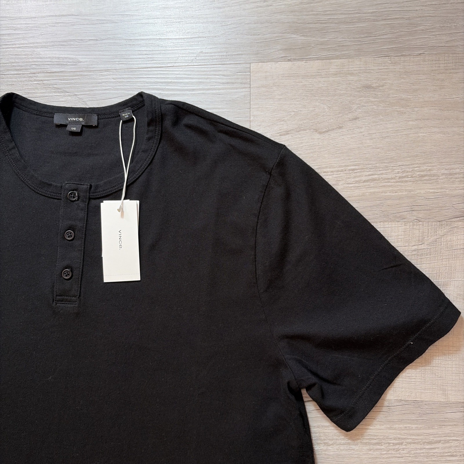 NWT VINCE SHORT SLEEVE HENLEY T SHIRT MENS SZ LARGE $125 USA BLACK 100% COTTON