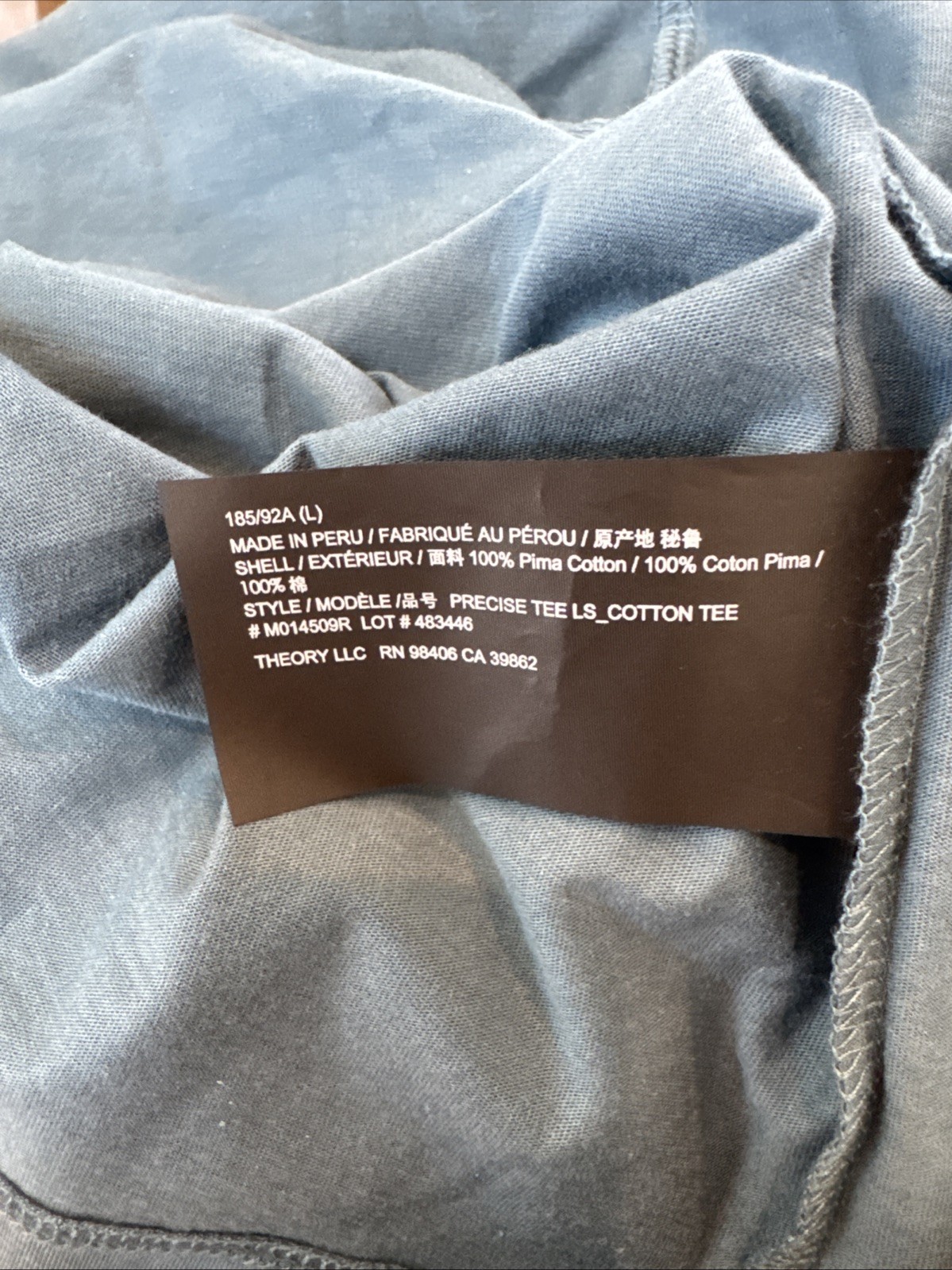 Theory Men&rsquo;s Precise Long-Sleeve Pima Cotton Tee – Deep Teal Blue Size L $95