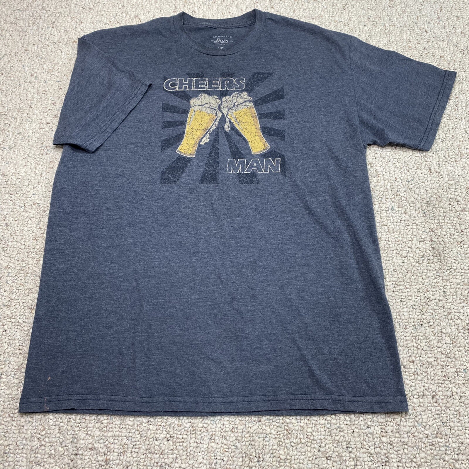 G.H. Bass & Co. Mens T Shirt sz L Navy Cheers Man Short Sleeve Crew Neck Casual