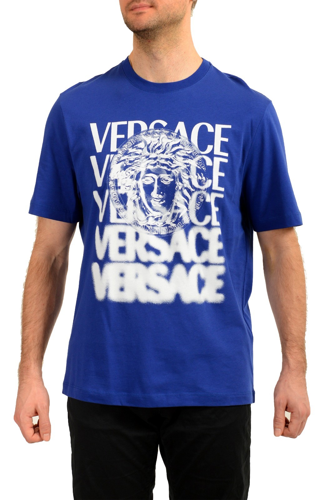 Versace Men&rsquo;s Blue Logo Print Crewneck Short Sleeve T-Shirt US 3XL IT 58