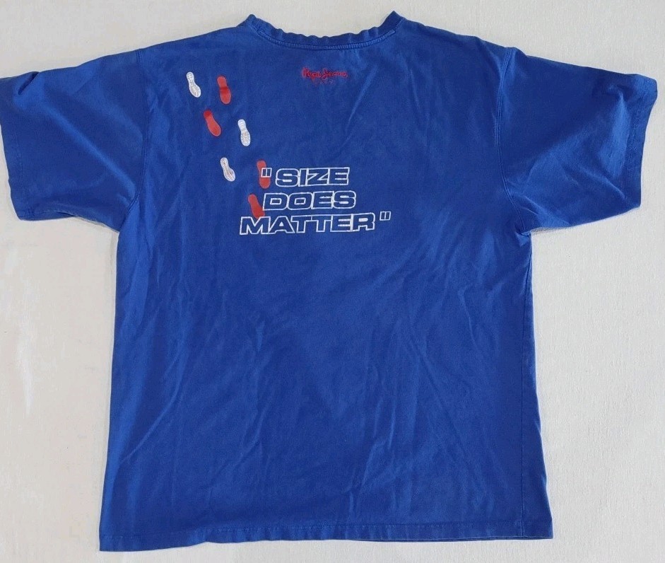 Vintage PEPE JEANS LONDON 2 Sided T-SHIRT « Size Does Matter » Blue Adult Size 3XL