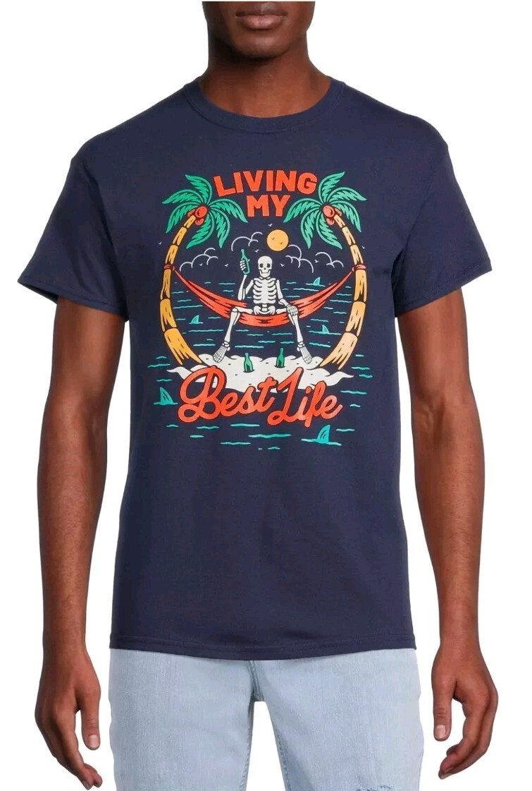 Dom « Living My Best Life » T-Shirt Tee Mens Blue Skeleton On Vacation Funny L