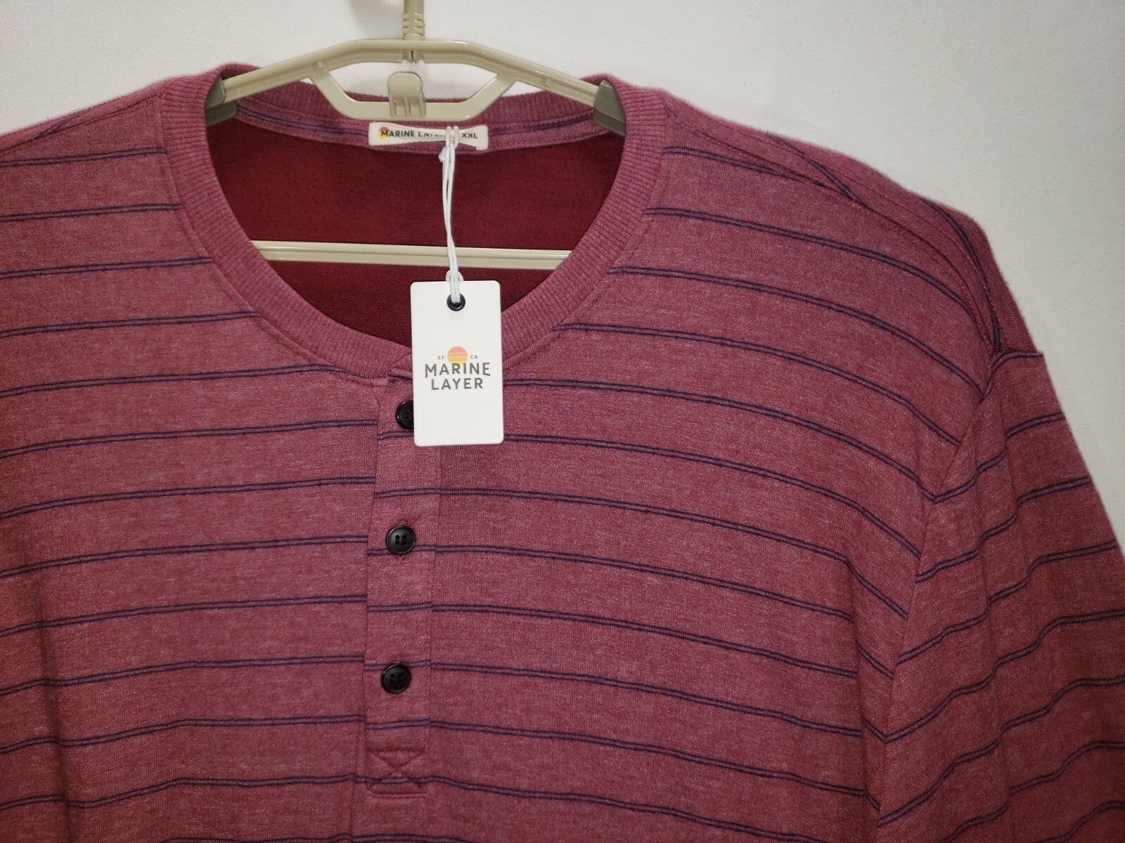 NEW Marine Layer Mens Henley T-Shirt XL Double Knit Burgundy Long Sleeve $78