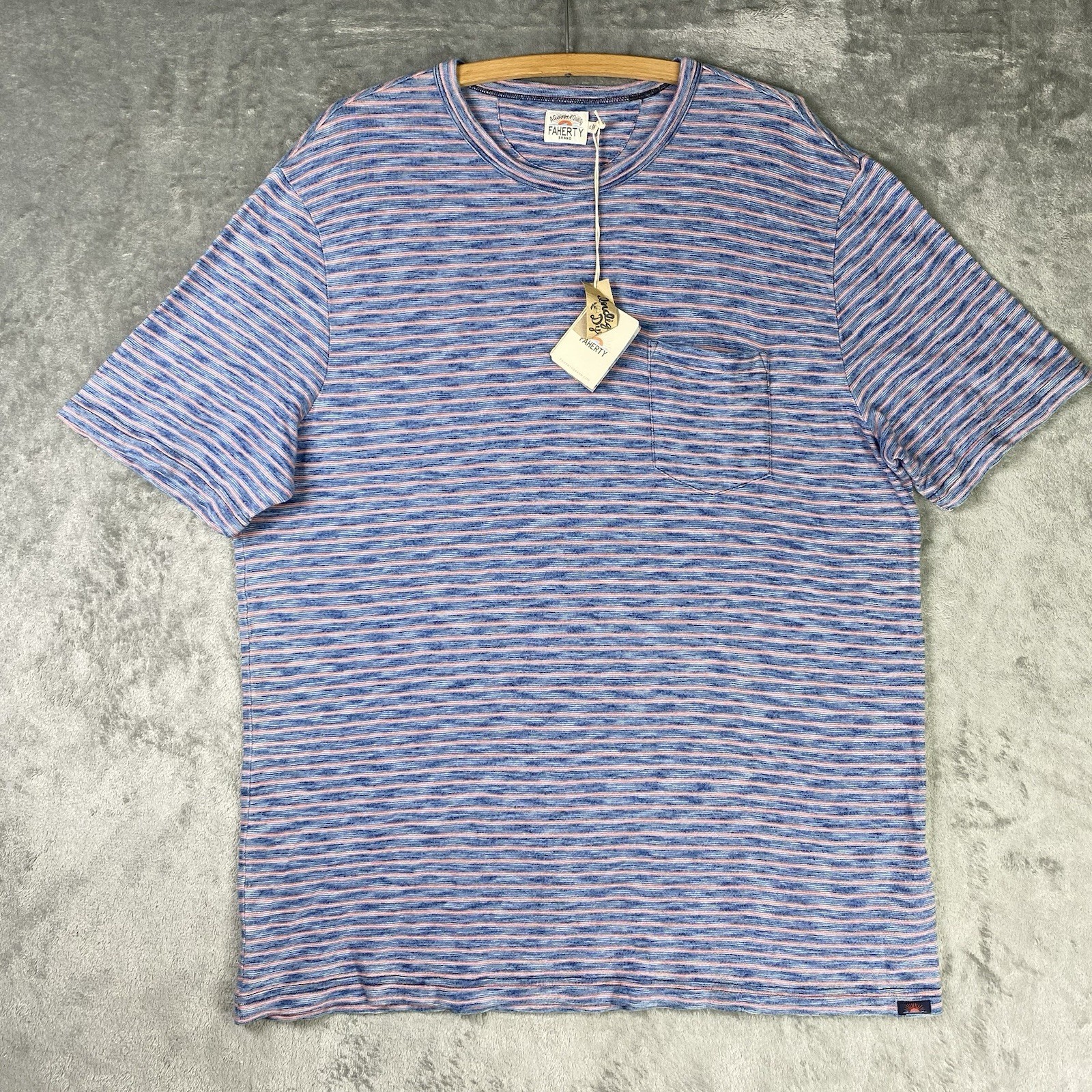 Faherty Indigo Pocket Tee Shirt Mens Size XL Pink Blue Baypoint Striped NWT