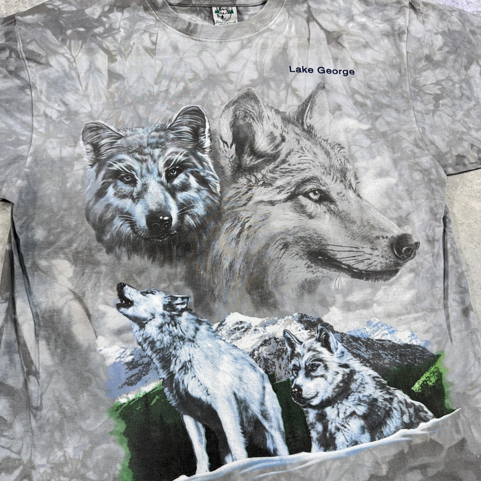 Lake George Wolf Shirt Mens XL Gray Tie Dye Back to Earth Wolves Nature Tee USA