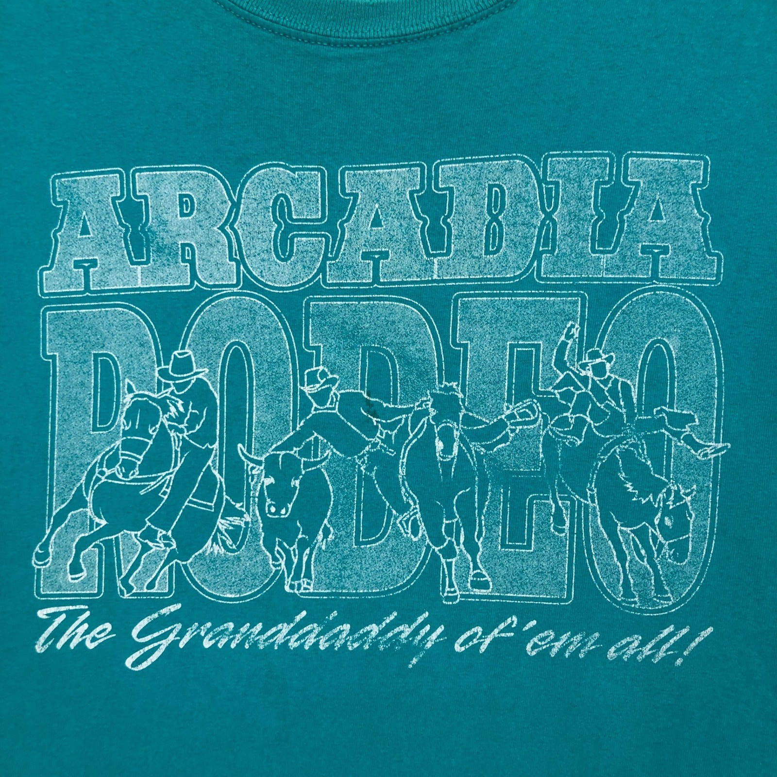 Arcadia Rodeo The Granddaddy of Em All Graphic T Shirt Size XL Teal Gildan