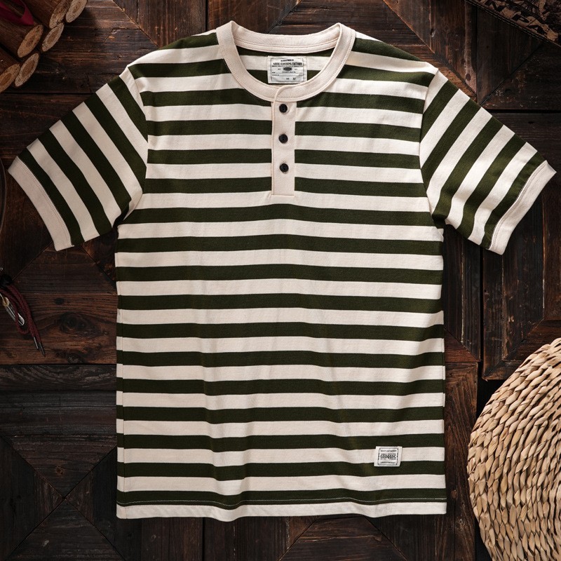 American Tough Guy Style Henry Collar Striped Washed Cotton Short Sleeved Shirt