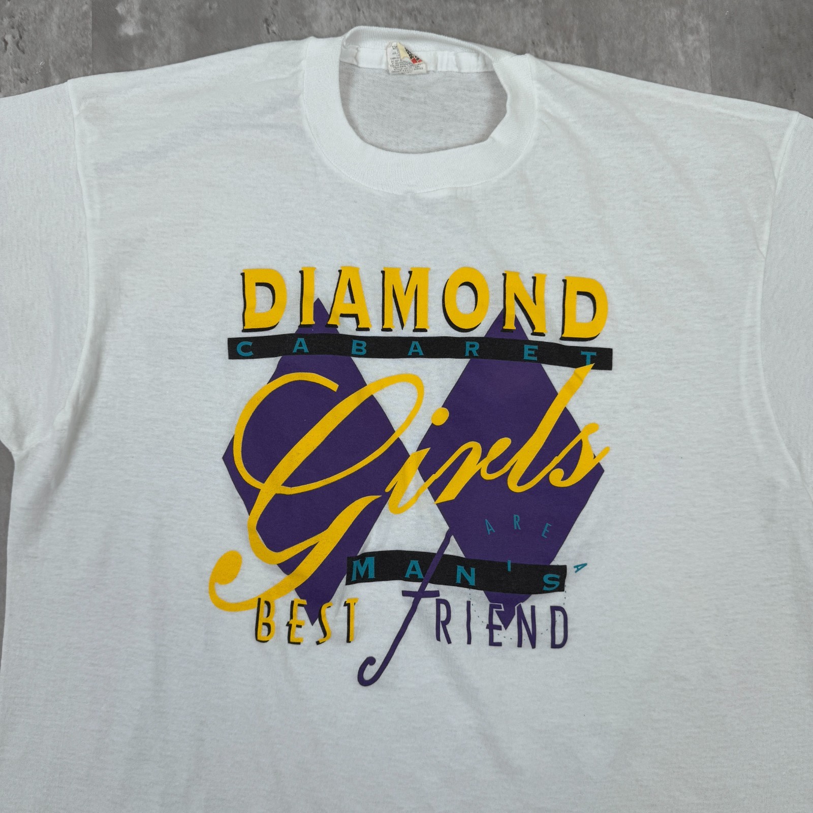 Vintage Diamond Cabaret T-Shirt Mens XL White Strip Gentlemans Club Girls 80s