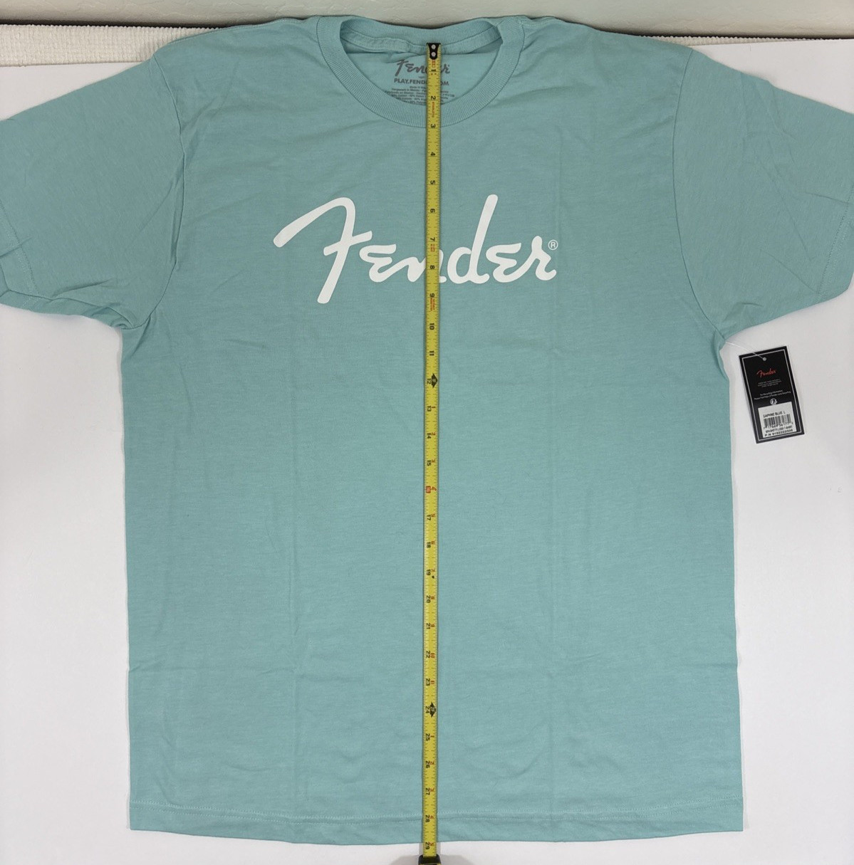 Genuine Fender Guitars Spaghetti Logo T-Shirt – Large – Daphne Blue – NEW w TAGS