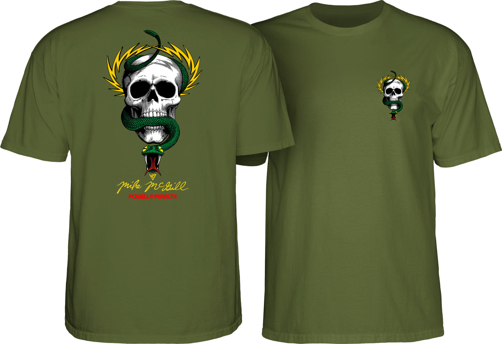 Powell Peralta Mike McGill SKULL AND SNAKE Skateboard T Shirt MILITARY GREEN